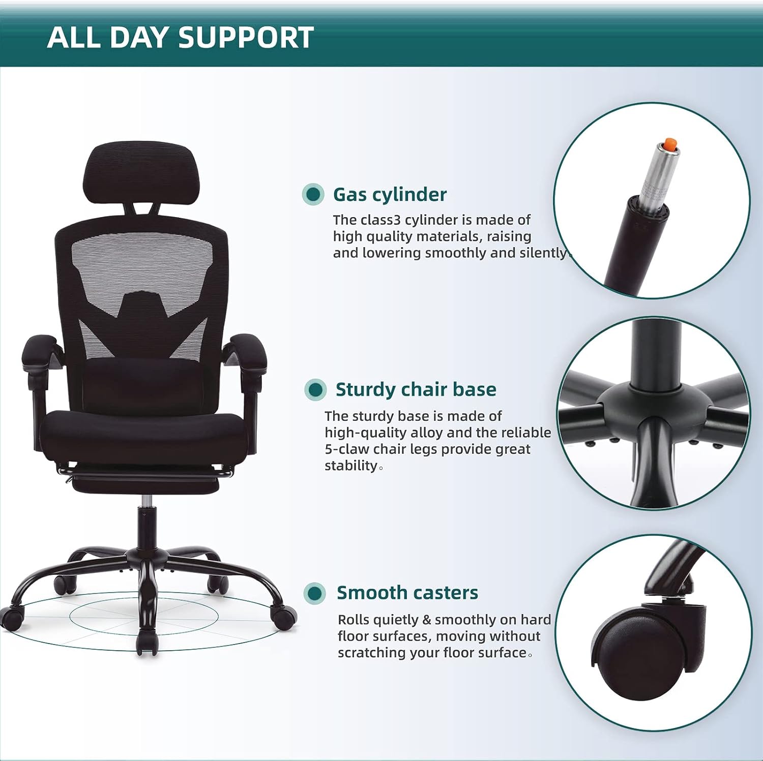 DUMOS Office Desk Computer Chair with Footrest, Ergonomic Mesh Swivel Gaming Chair with Rolling Wheels, Comfortable Headrest, Lumbar Support, Comfy for Home, Office, Task, Student, Inky