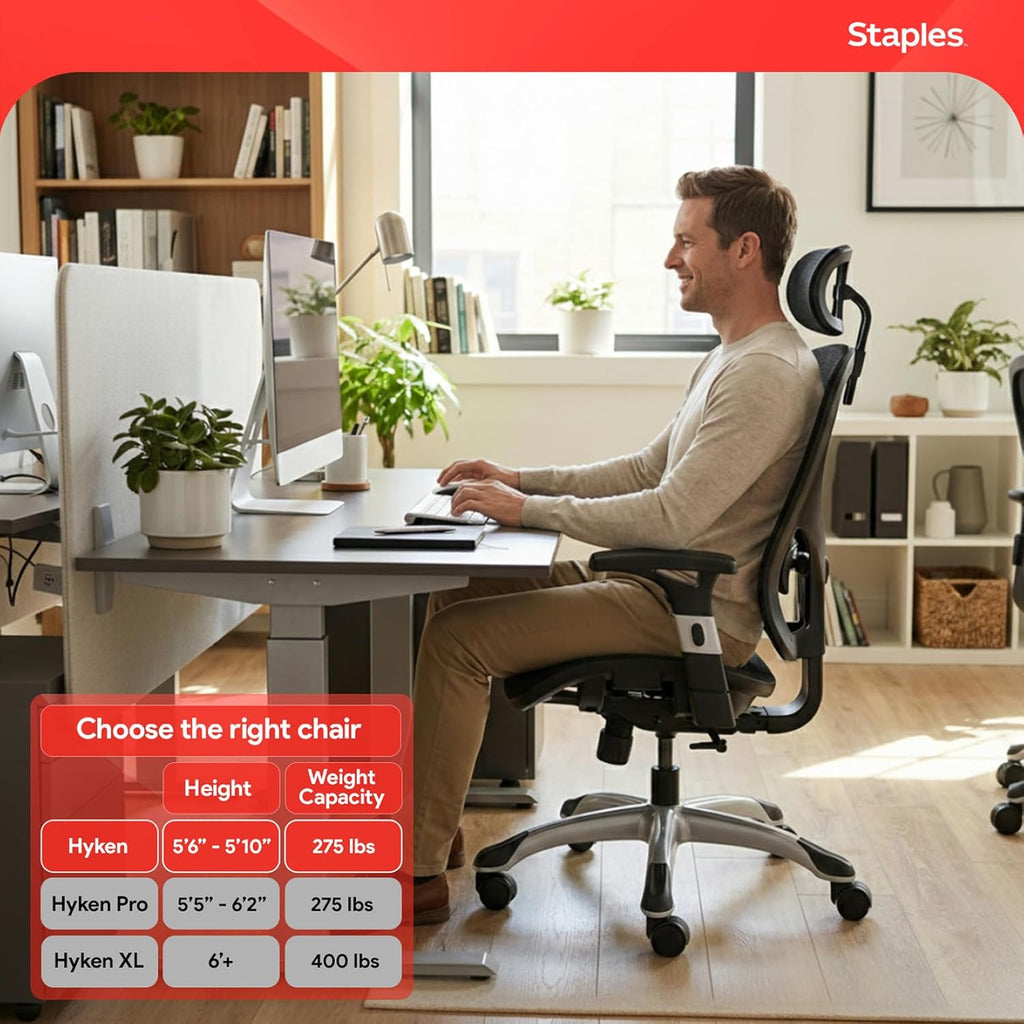STAPLES Hyken Ergonomic Task Chair, Mesh, Ergonomic, Lumbar Support, Swivel, Black