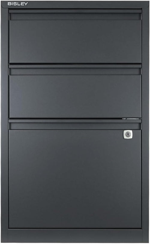Bisley 3-Drawer Flush Front Vertical File Cabinet - Anthracite Grey, 2 Utility Drawers + 1 Hanging File Drawer, Powder-Coated Steel, Locking Bottom Drawer