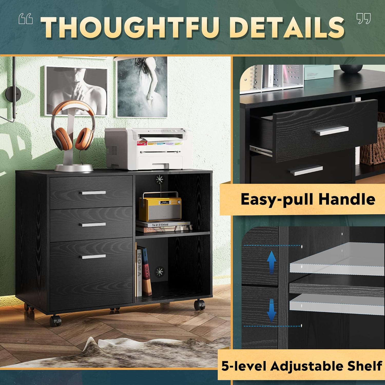 DEVAISE 3 Drawer Mobile File Cabinet, Wood Lateral Filing Cabinet, Printer Stand with Open Shelves for Home Office, Black