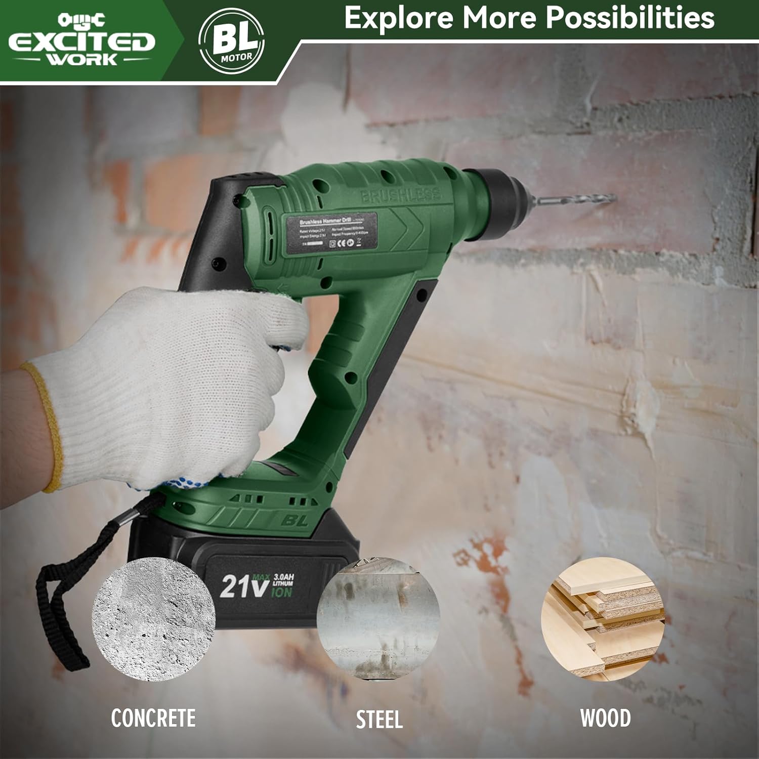 21V Max Cordless 2.0J Rotary Hammer Drill Kit with 3.0 Ah Battery, Brushless Motor and 2 Functions for Concrete, Fast Charger, 4000IPM, 3 Drills for Masonry, Metal and Wood