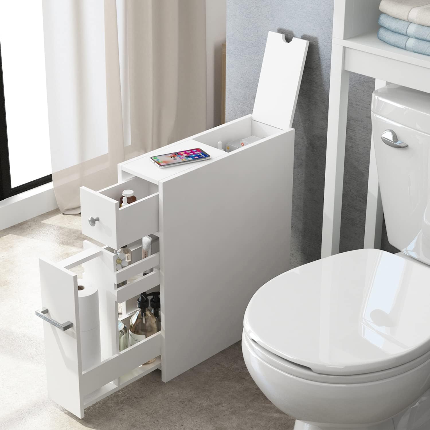 Spirich Slim Bathroom Storage Cabinet, Free Standing Toilet Paper Holder, Bathroom Cabinet Slide Out Drawer Storage, White