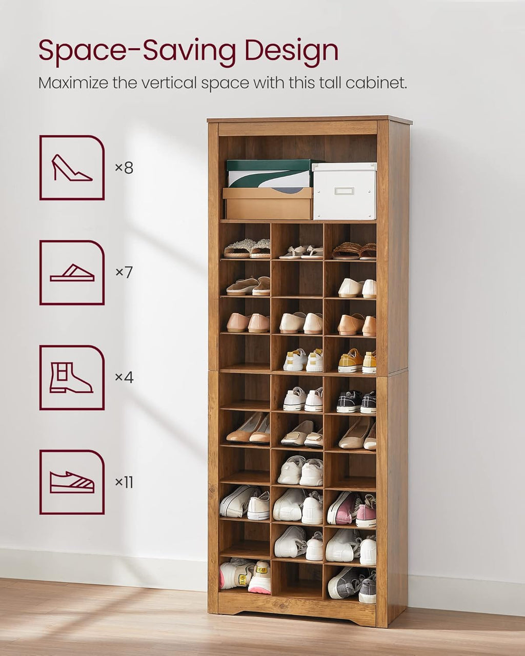 VASAGLE Shoe Storage Cabinet, 10 Tier Shoe Rack Organizer, Holds Up to 30 Pairs of Shoes, for Entryway Bedroom, 12.6 x 24.8 x 73.6 Inches, Rustic Walnut ULBS273T41