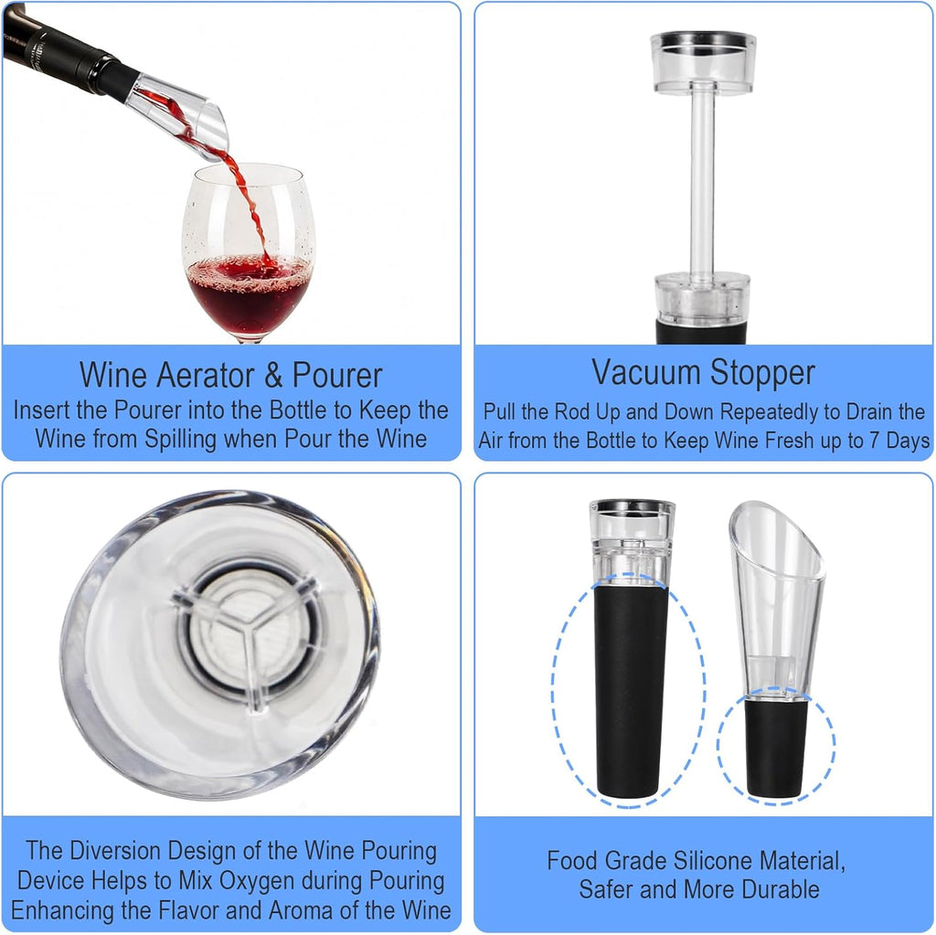 Electric Wine Opener, Automtic Wine Bottle Opener, USB-C Rechargeable Wine Opener Set with Foil Cutter, Wine Aerator Pourer, 2 Vacuum Stoppers and Storage Base