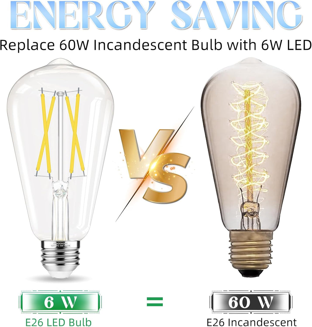 GvvooHome Edison Bulbs 60 watt Equivalent LED, E26 LED Bulb Non-Dimmable, 4000K Daylight White, ST58 Vintage Light Bulbs, 90+ CRI, 6W 600LM, E26 Medium Base, Clear Glass, 12 Pack