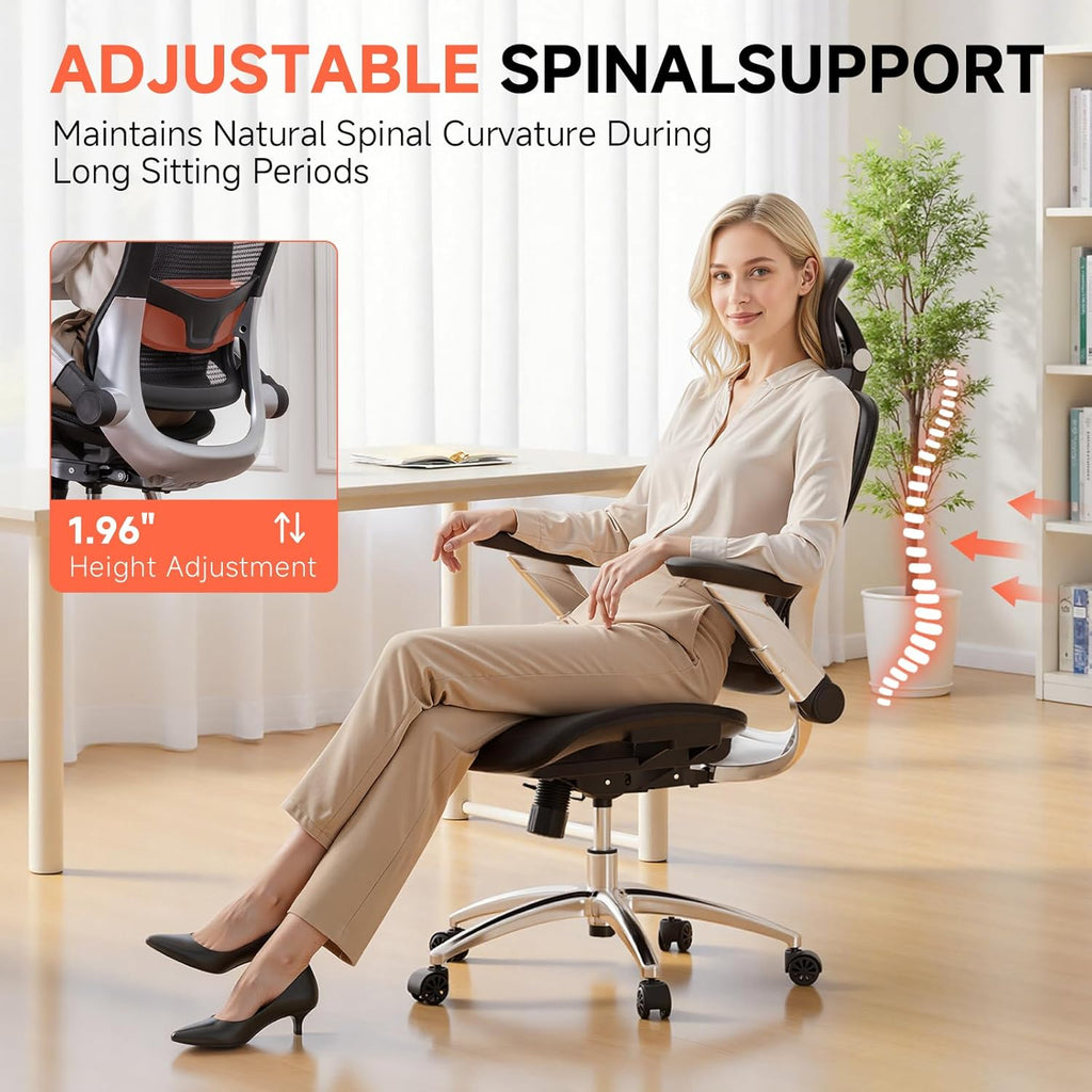 GTPLAYER Big and Tall Ergonomic Mesh Office Chair, High Back Home Desk Chair Computer Gaming Chair with Headrest, Flip-Up Arms, 90-125° Tilt Lock and Wide Cushion, Task Chair for Man Woman-Deep Black