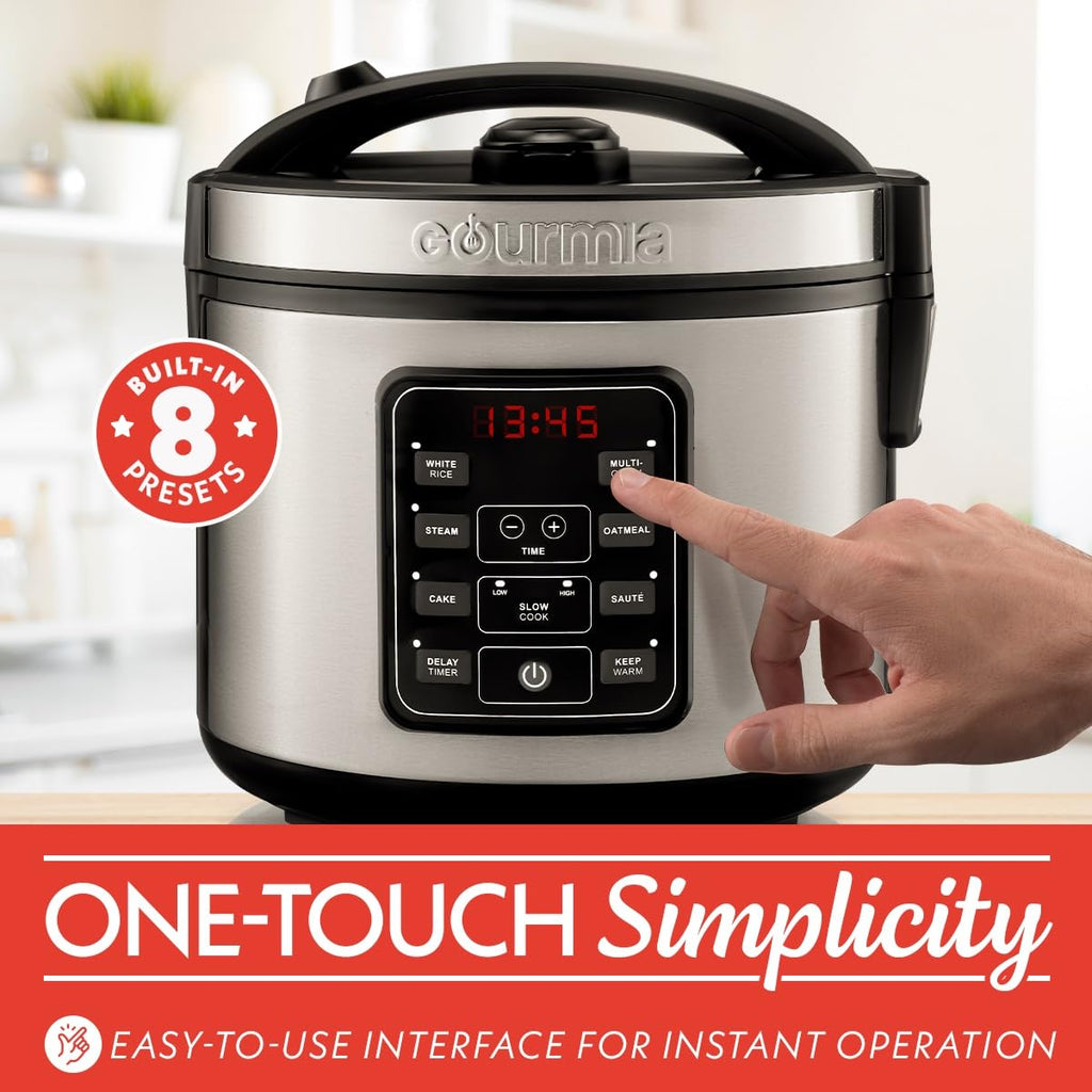 Gourmia Rice Cooker – 5 Qt Capacity, 20 Cup Cooked, 10 Cup Uncooked, Digital Controls, 6 Cooking Presets, Grain Cooker & Steamer, Nonstick Pot, Steam Tray, Delay Timer, Keep Warm, Stainless Steel