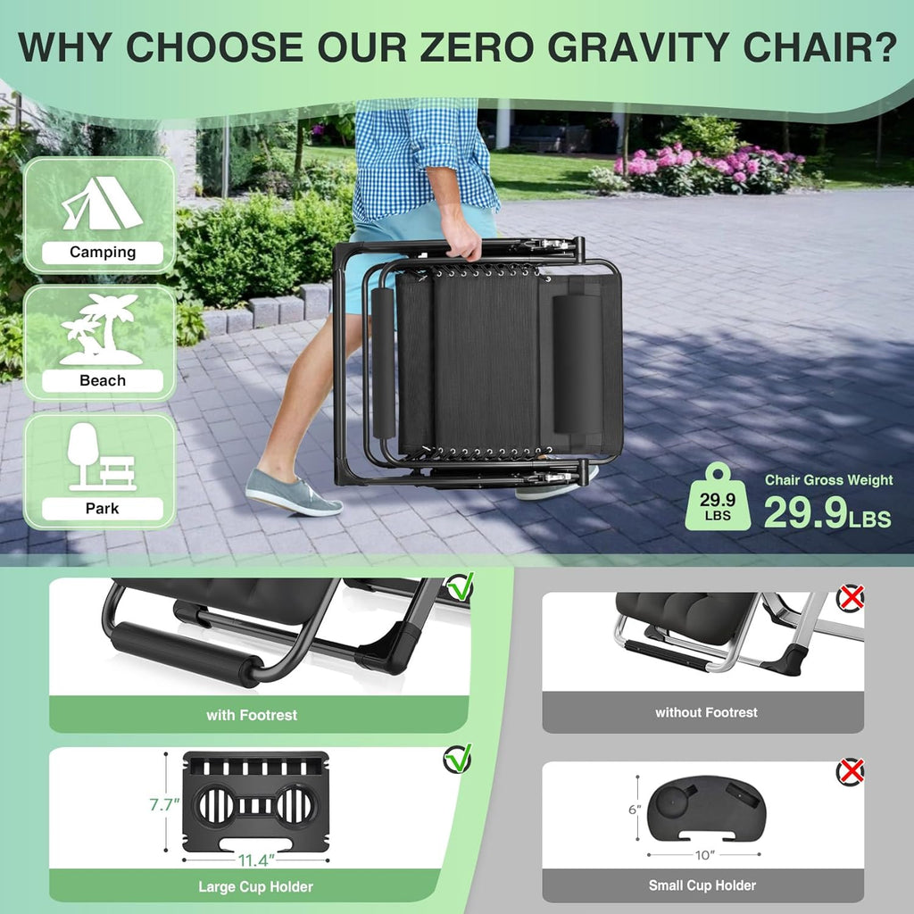 Suteck Oversized Zero Gravity Chair,33In XXL Outdoor Recliner Chair w/Removable Cushion&Headrest, Camping Lounge Chair w/Upgraded Lock&Footrest, Reclining Patio Chairs for Indoor Outdoor,500LBS