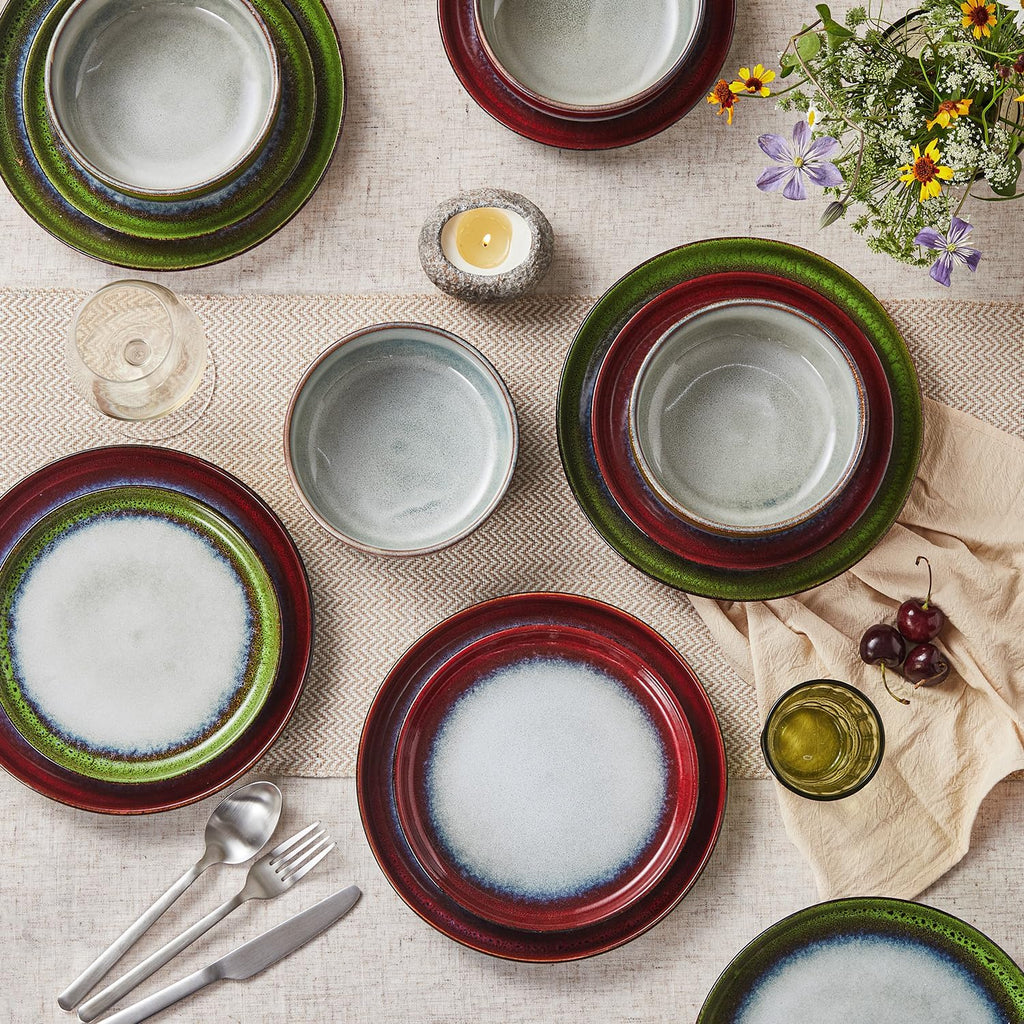 KINGSTONE Stoneware Dinnerware Sets for 4, 12-Piece Reactive Glaze Plates and Bowls Sets, Scratch-Resistant Rustic Ceramic Dish Set for Daily Party Gifts, Microwave Dishwasher Safe, Kiln-Fired Green