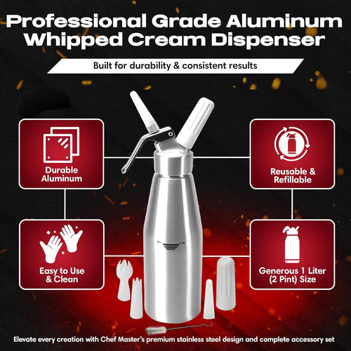 Chef Master (2 Pint / 1 Liter) Aluminum Whipped Cream Dispenser - Decorating Tips for Desserts, Coffee, Latte + Cleaning Brush - Whip Cream Dispenser Canister for Home, Bakery or Restaurant - 90077