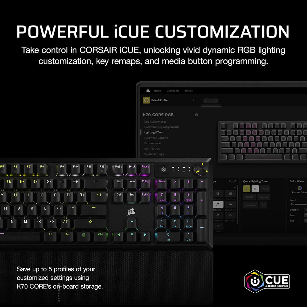 CORSAIR K70 CORE RGB Mechanical Wired Gaming Keyboard with Palmrest – Pre-Lubed MLX Red Linear Switches, SOCD, ABS Double-Shot Keycaps, Sound Dampening, Media Control Dial, QWERTY NA – Black