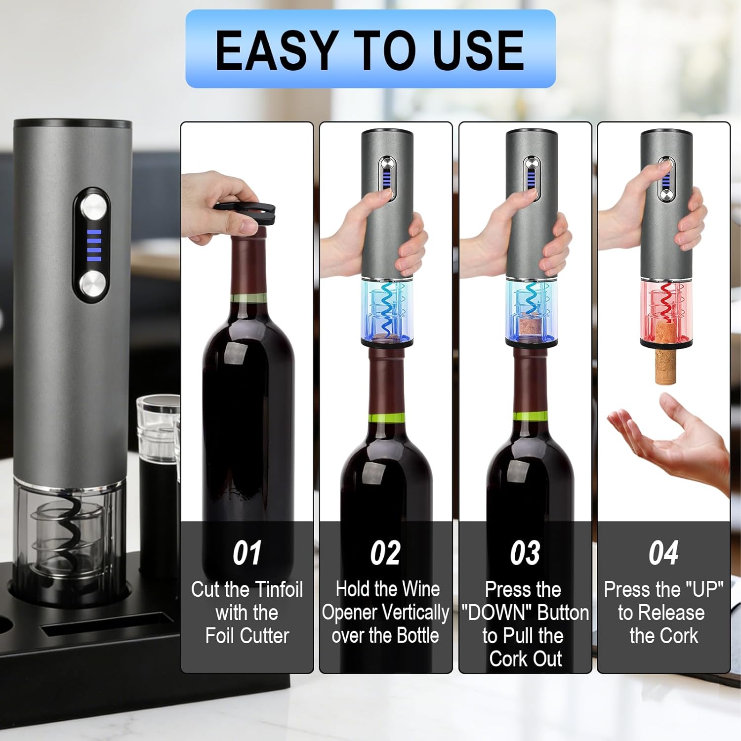 Electric Wine Opener, Automtic Wine Bottle Opener, USB-C Rechargeable Wine Opener Set with Foil Cutter, Wine Aerator Pourer, 2 Vacuum Stoppers and Storage Base