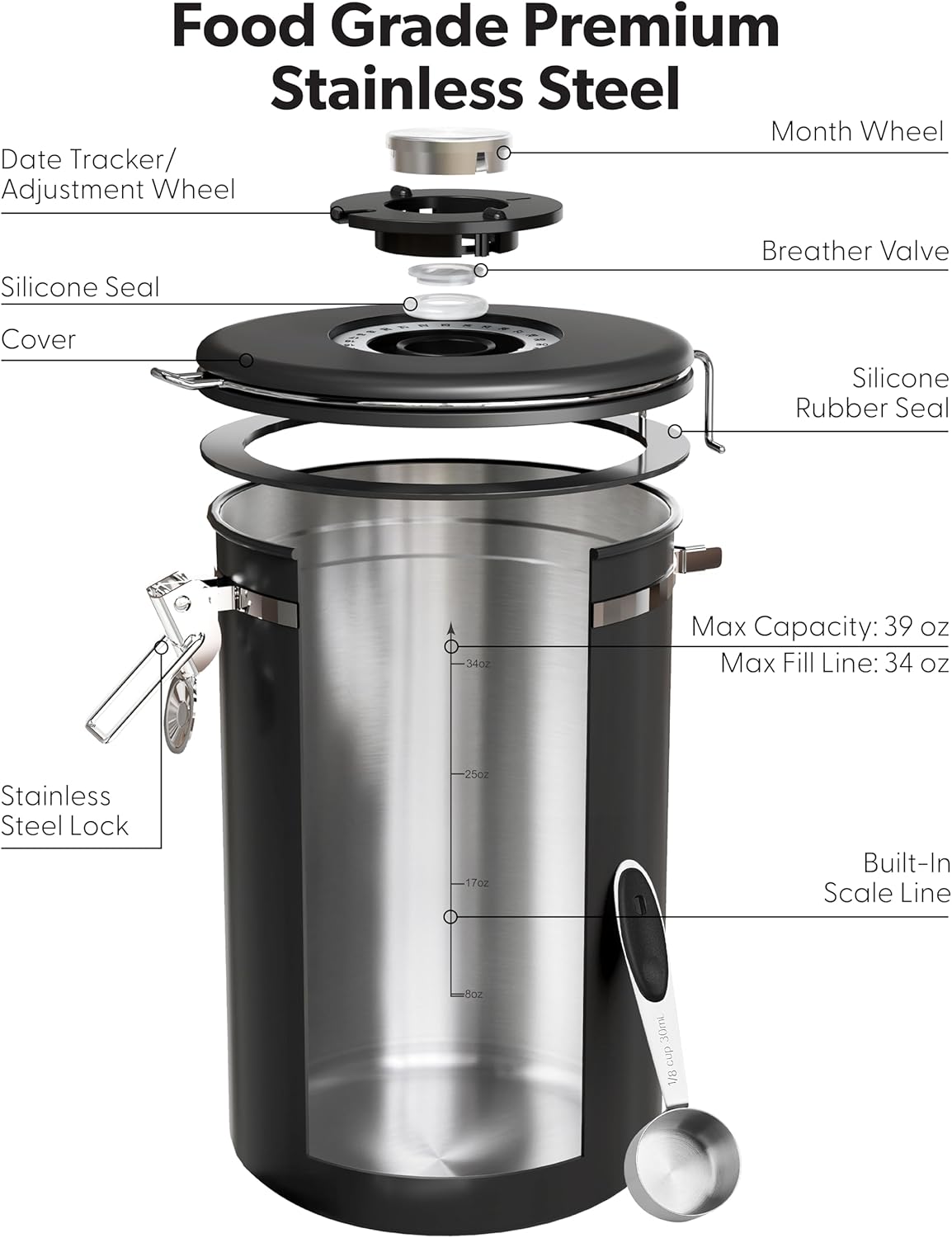 Veken Large Coffee Canister with Window, Kitchen Food Storage Airtight Stainless Steel Container for 2.2lbs Coffee Beans, Grounds, Rice,Tea, Flour, Cereal, Sugar Jars,Date Tracker and Scoop 39oz,Black