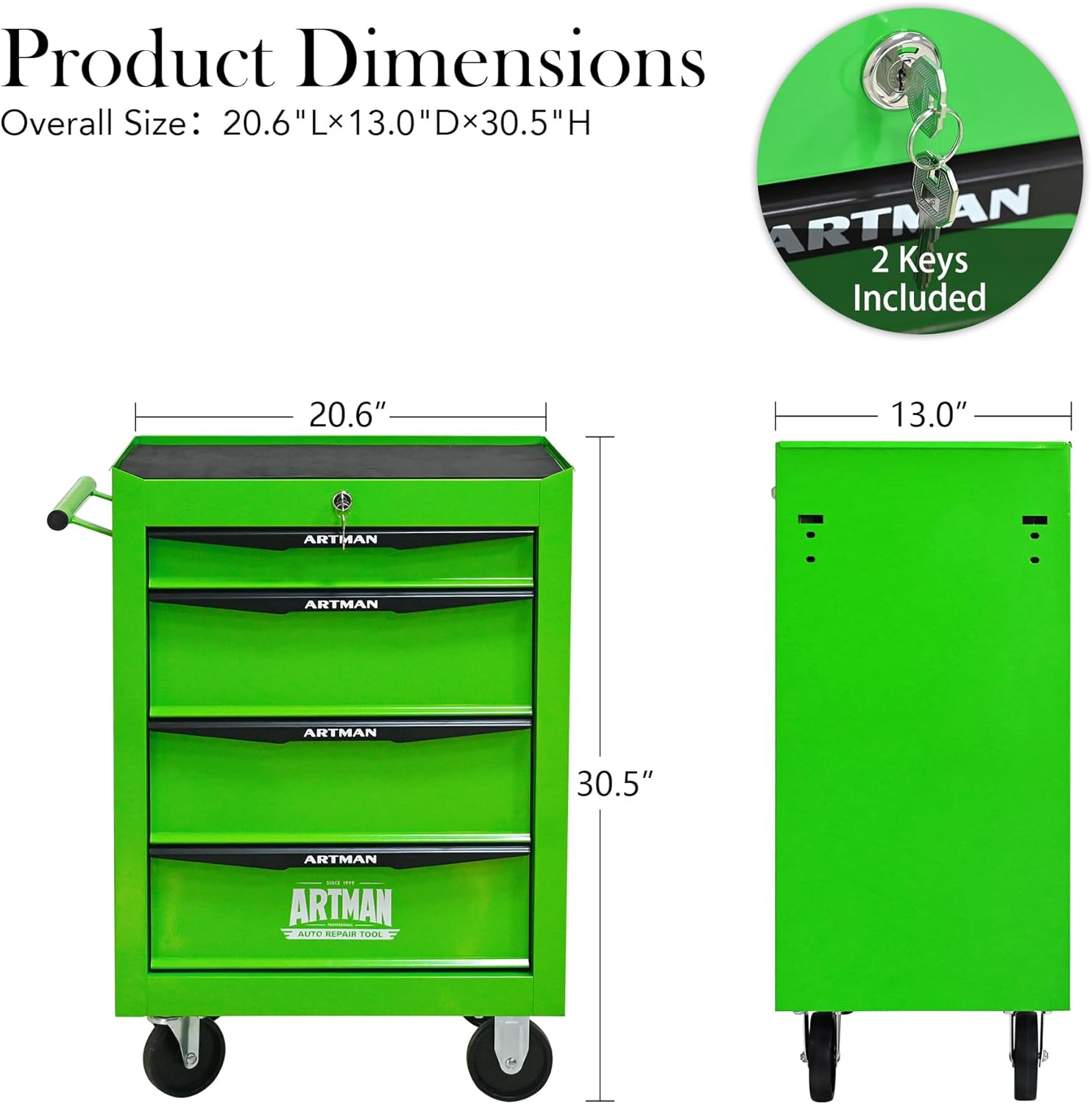 Iron-Top Rolling Tool Chest with Lockable Wheels and Side Handles, 7-Drawer Tool Storage Cabinet with Ball Bearing for Garage, Repair Shop, Required Assembly, Large Storage Capacity (Iron, 4-Green)