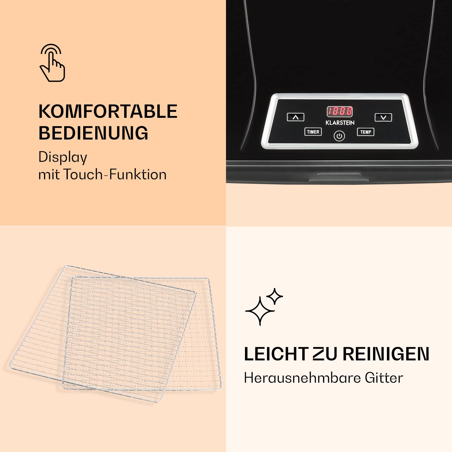 Klarstein Dörrautomat, Dörrgerät, Food Dehydrator, Dörrautomat aus Metall, Dehydrator Food Dryer, 9 Ablagen, 700 Watt, Touch-Display, Timer, Edelstahlheizelement, HotAir Circulation System, Schwarzo