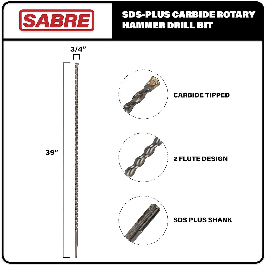 3/4 Inch x 39 Inch SDS Plus Rotary Hammer Drill Bit, Carbide Tipped for Brick, Stone, Concrete (3/4" x 37" x 39")
