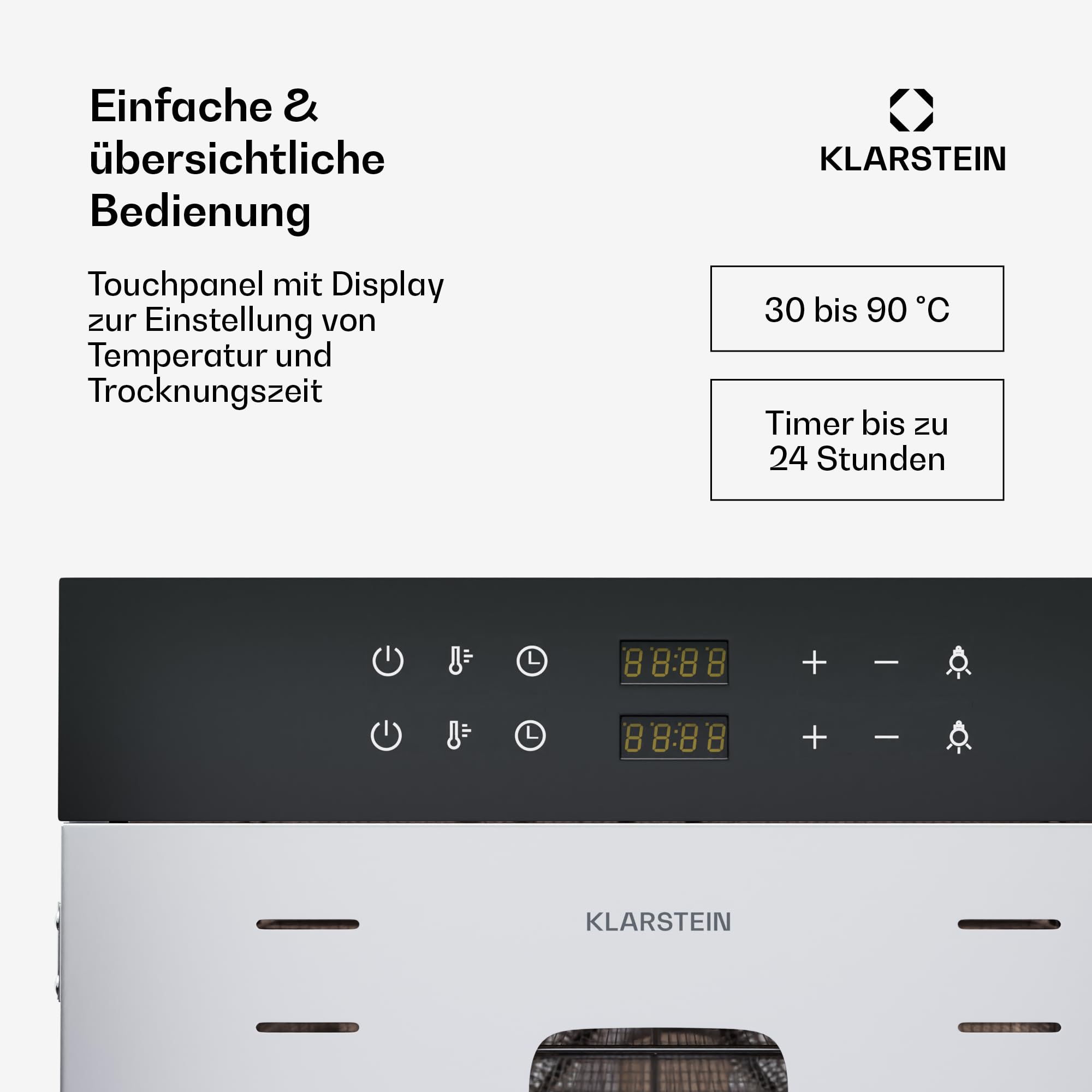 Klarstein Dörrautomat Edelstahl – 4.000-W-Dörrgerät, 48 Edelstahl-Einlegeböden, 30–90 °C, 24-Stunden-Timer, 6 Ventilatoren, 2 Trockenkammern, 50–55 dB, ideal für Obst, Gemüse, Fleisch, Kräuter, Silbero