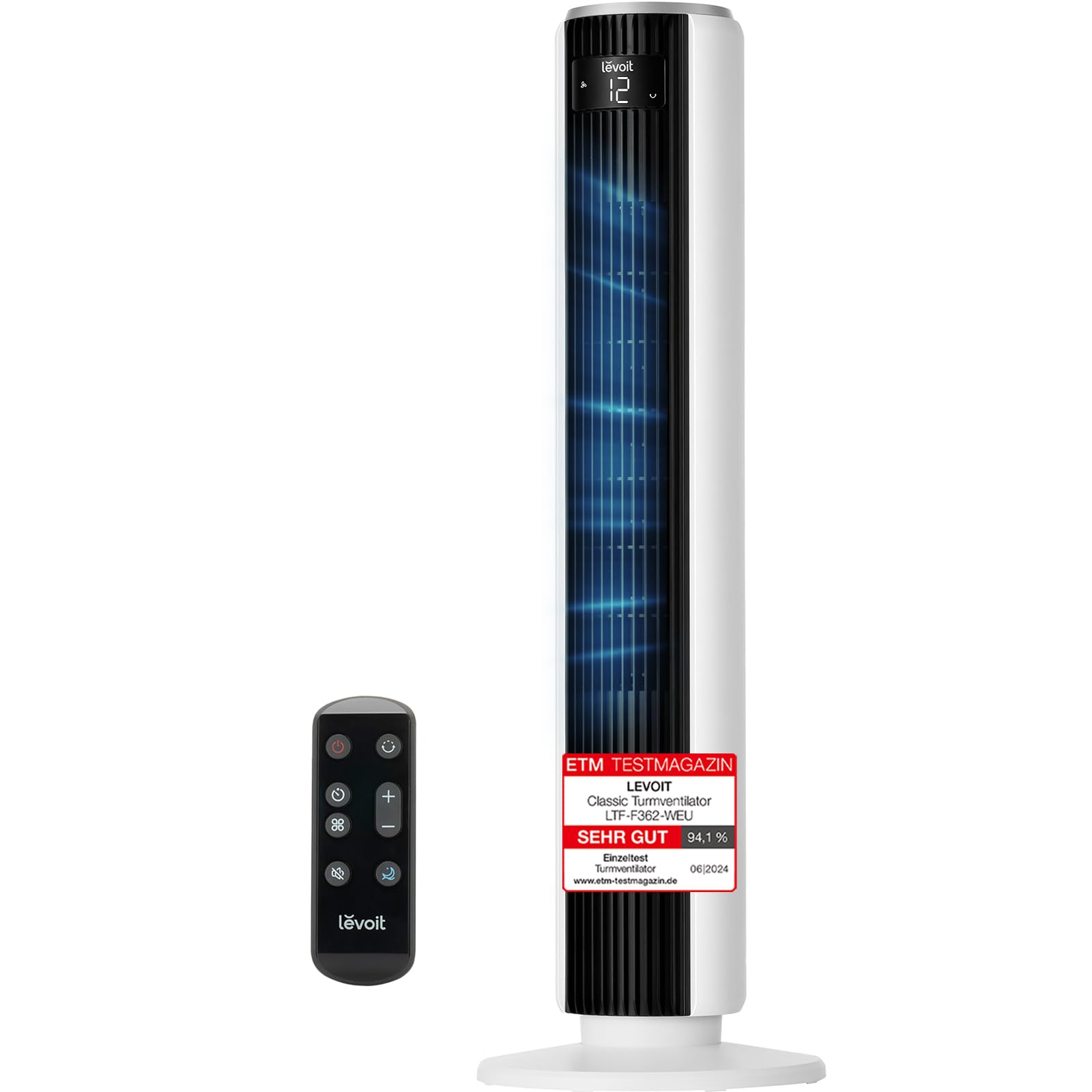 Levoit LTF-F362-KEU Classic Turmventilator 92cm – 20dB, 7,9m/s, 12 Stufen, 4 Modi, 90°, 24W, Graphitschwarz