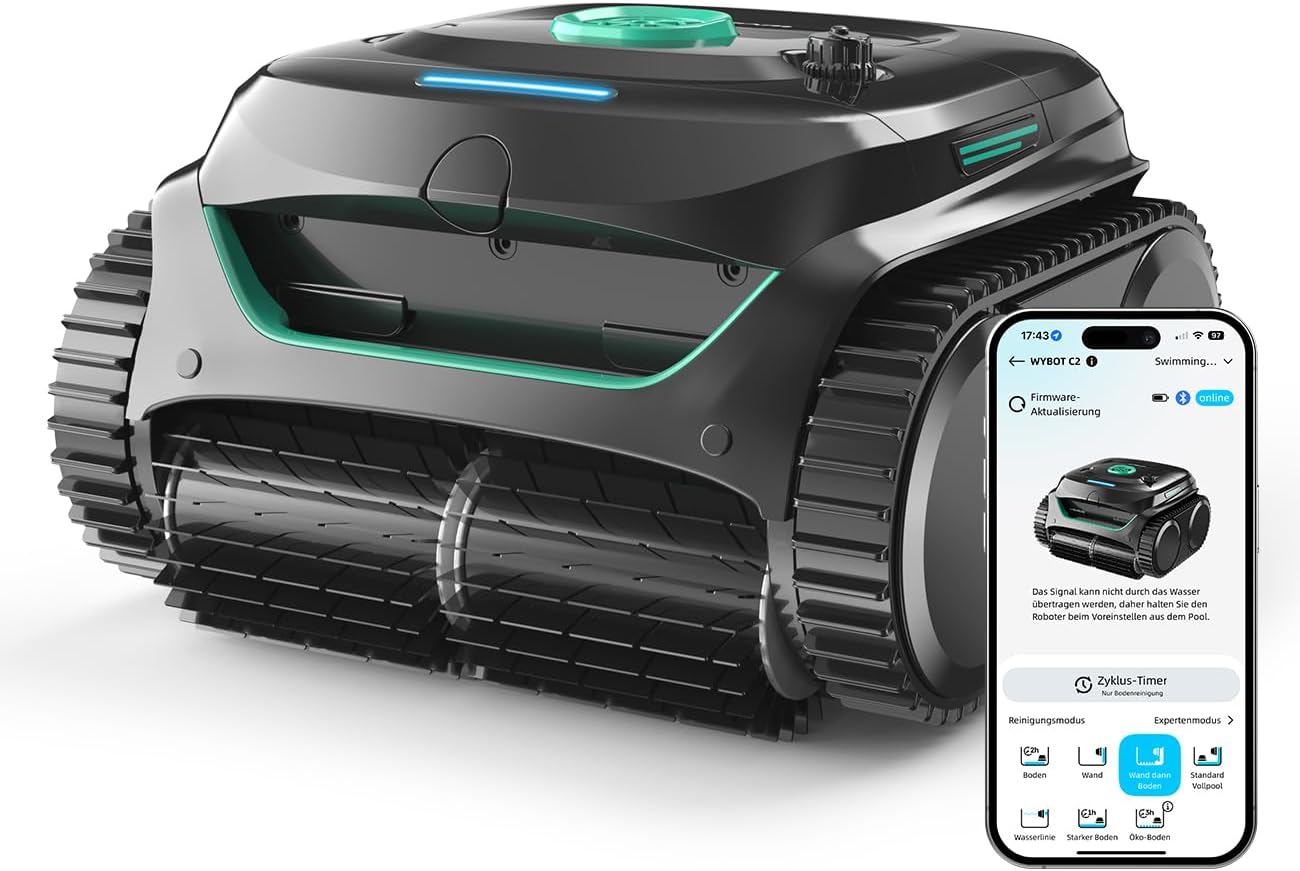 WYBOT C2 Poolroboter Akku, Boden & Wand, bis 150㎡, Doppelfilter, 3 Motoren, Wandkletter, 183 Min, App, Schwarz-Grün B