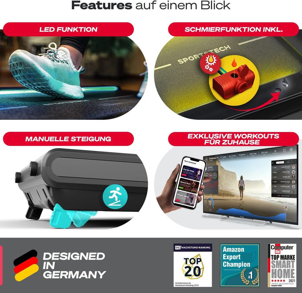 Sportstech Klappbares LED‑Laufband: Walking Pad mit Bluetooth‑App-i