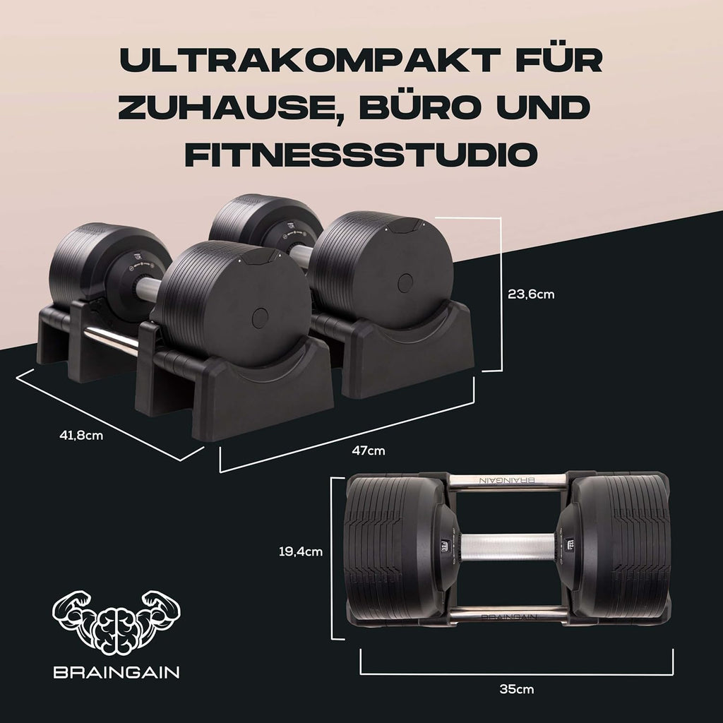 BRAINGAIN Verstellbare Hanteln: Chrom/Schwarz, Krafttraining für Zuhause u
