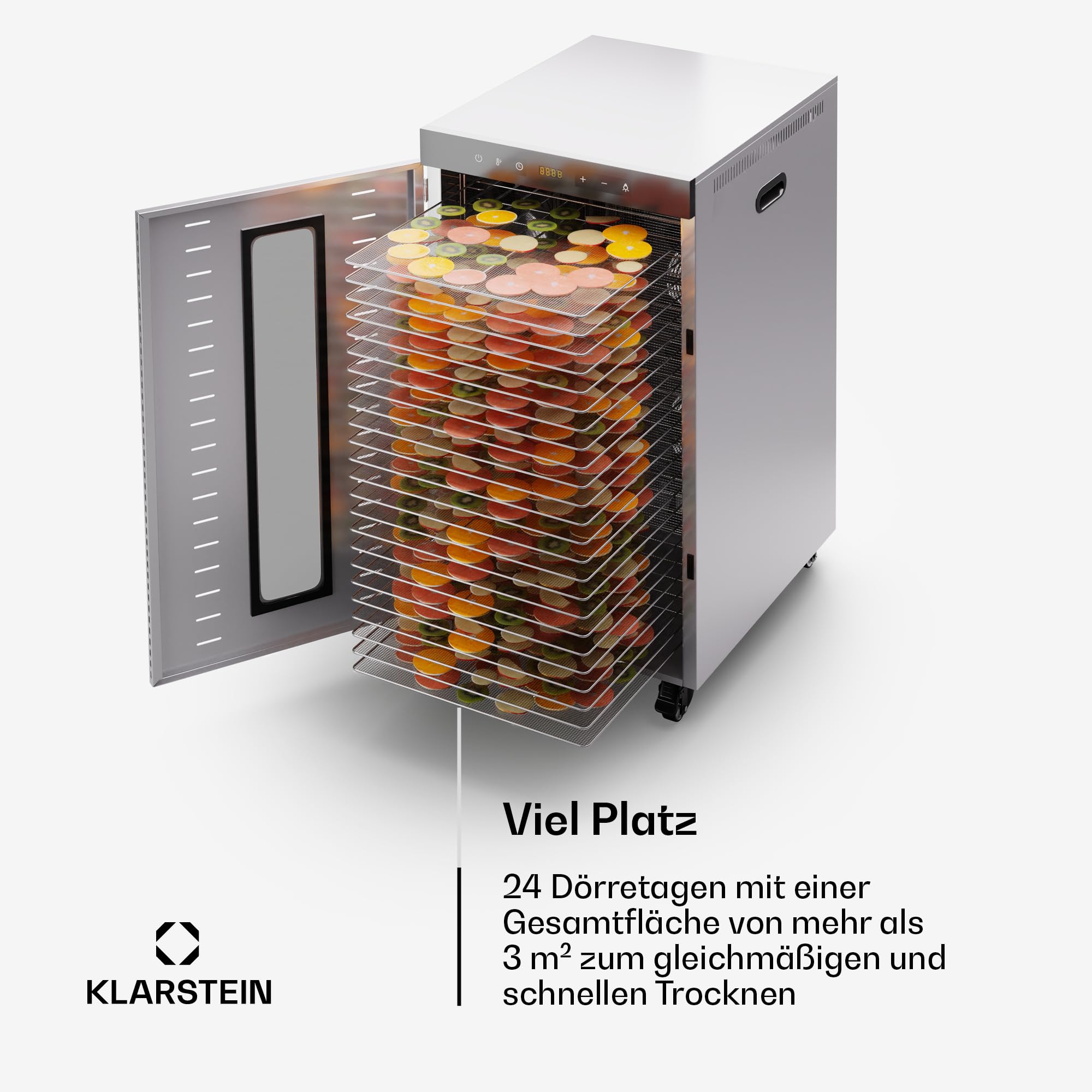 Klarstein Dörrautomat Edelstahl – 4.000-W-Dörrgerät, 48 Edelstahl-Einlegeböden, 30–90 °C, 24-Stunden-Timer, 6 Ventilatoren, 2 Trockenkammern, 50–55 dB, ideal für Obst, Gemüse, Fleisch, Kräuter, Silbero