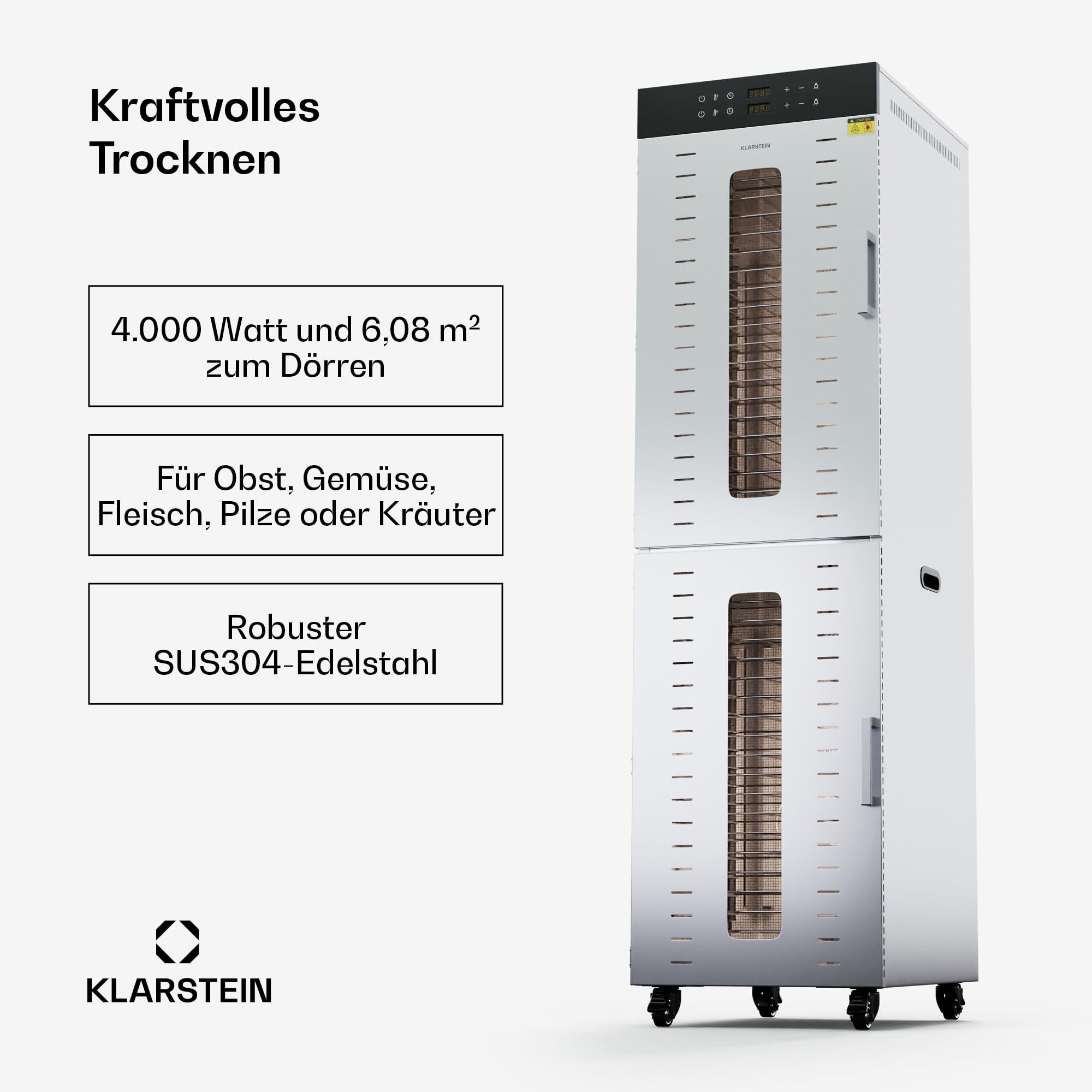 Klarstein Dörrautomat Edelstahl – 4.000-W-Dörrgerät, 48 Edelstahl-Einlegeböden, 30–90 °C, 24-Stunden-Timer, 6 Ventilatoren, 2 Trockenkammern, 50–55 dB, ideal für Obst, Gemüse, Fleisch, Kräuter, Silbero