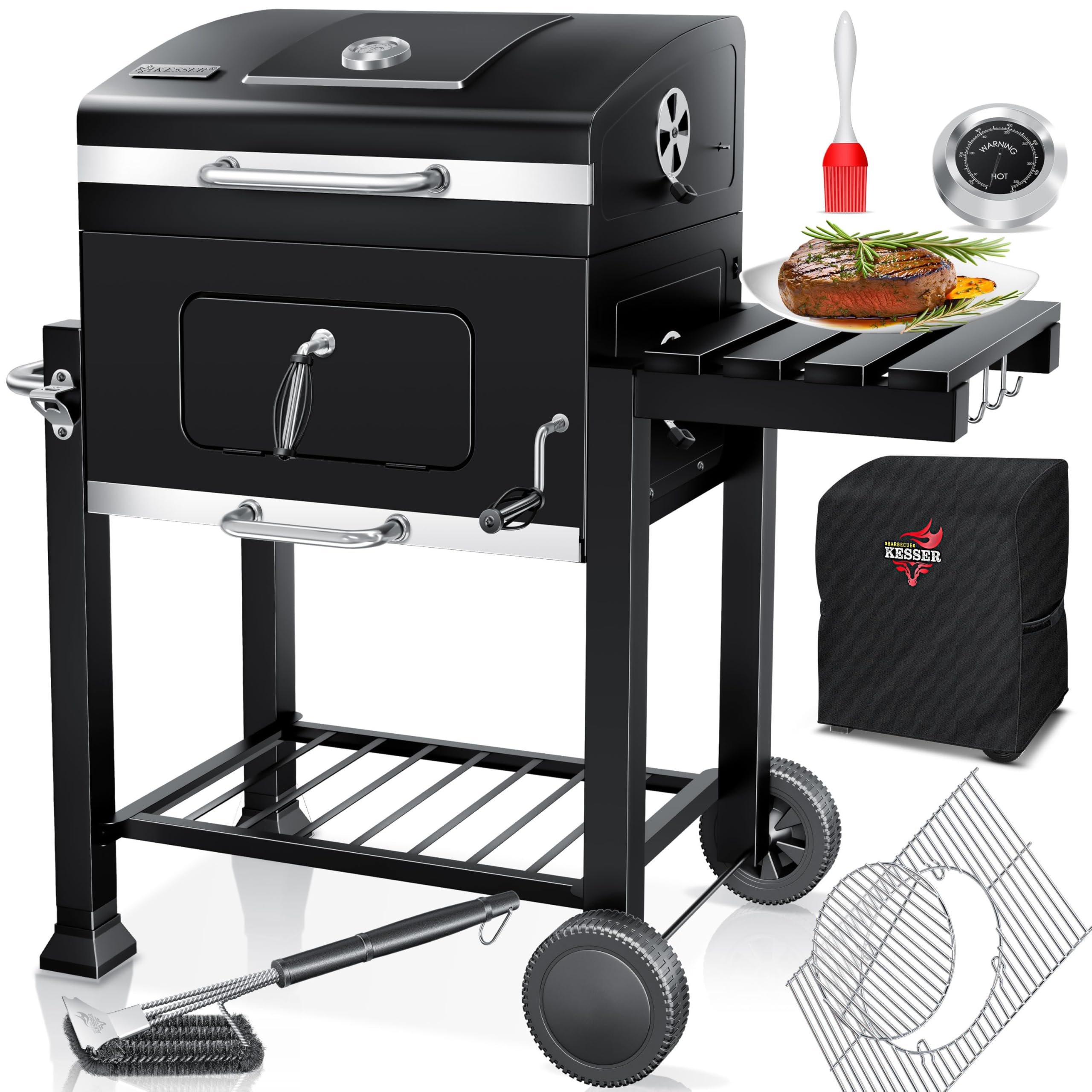 KESSER Holzkohlegrill XL Grillwagen, 2338 cm², Thermometer, Warmhalterost, Grau