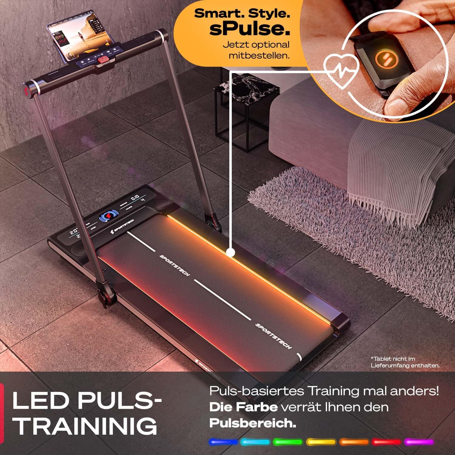 Sportstech Klappbares LED‑Laufband: Walking Pad mit Bluetooth‑App-i