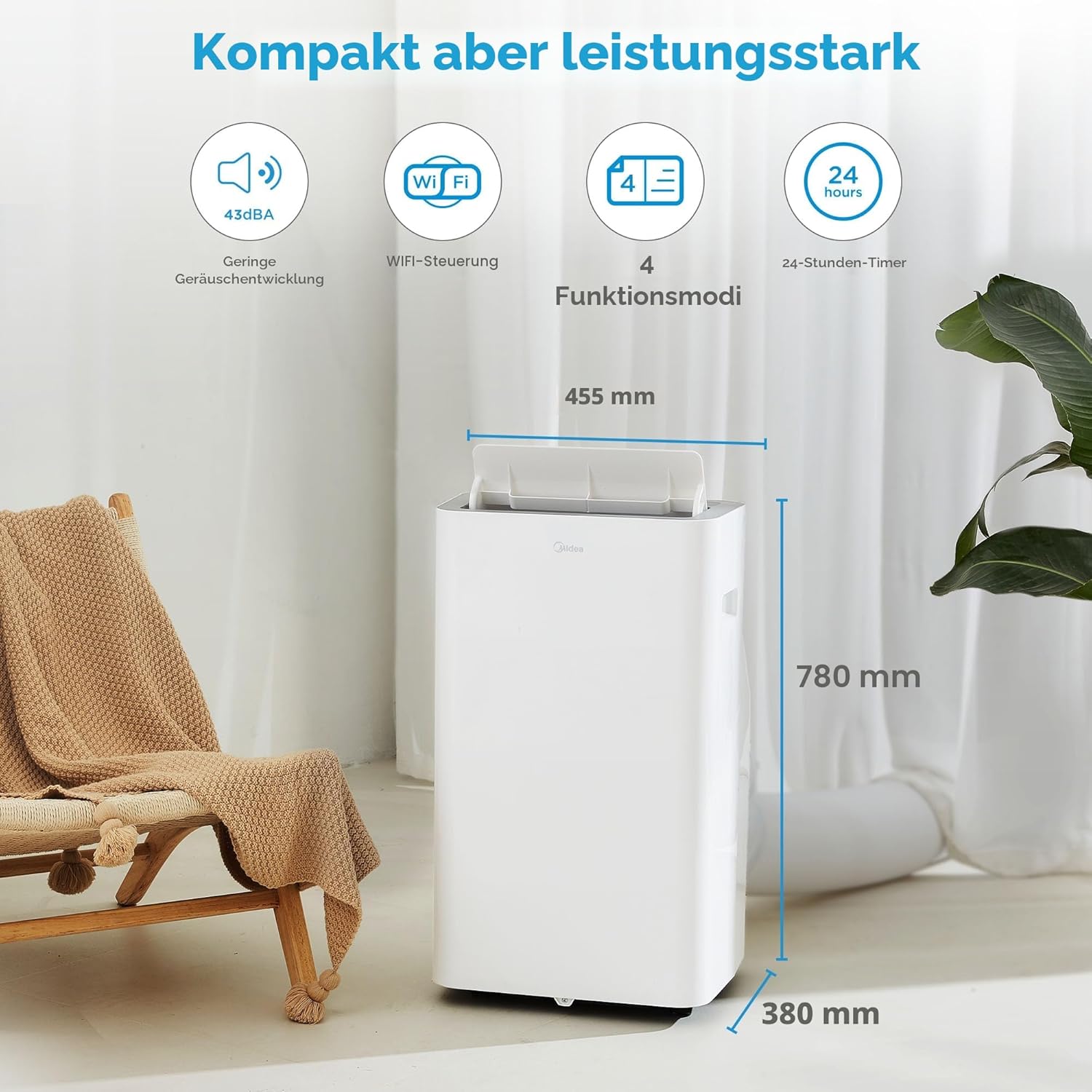 Midea Silent Cool 26 Pro WF Mobiles Klimagerät 9.000 BTU – 3-in-1, R290, EEK A, WiFi, 32m², Weiß
