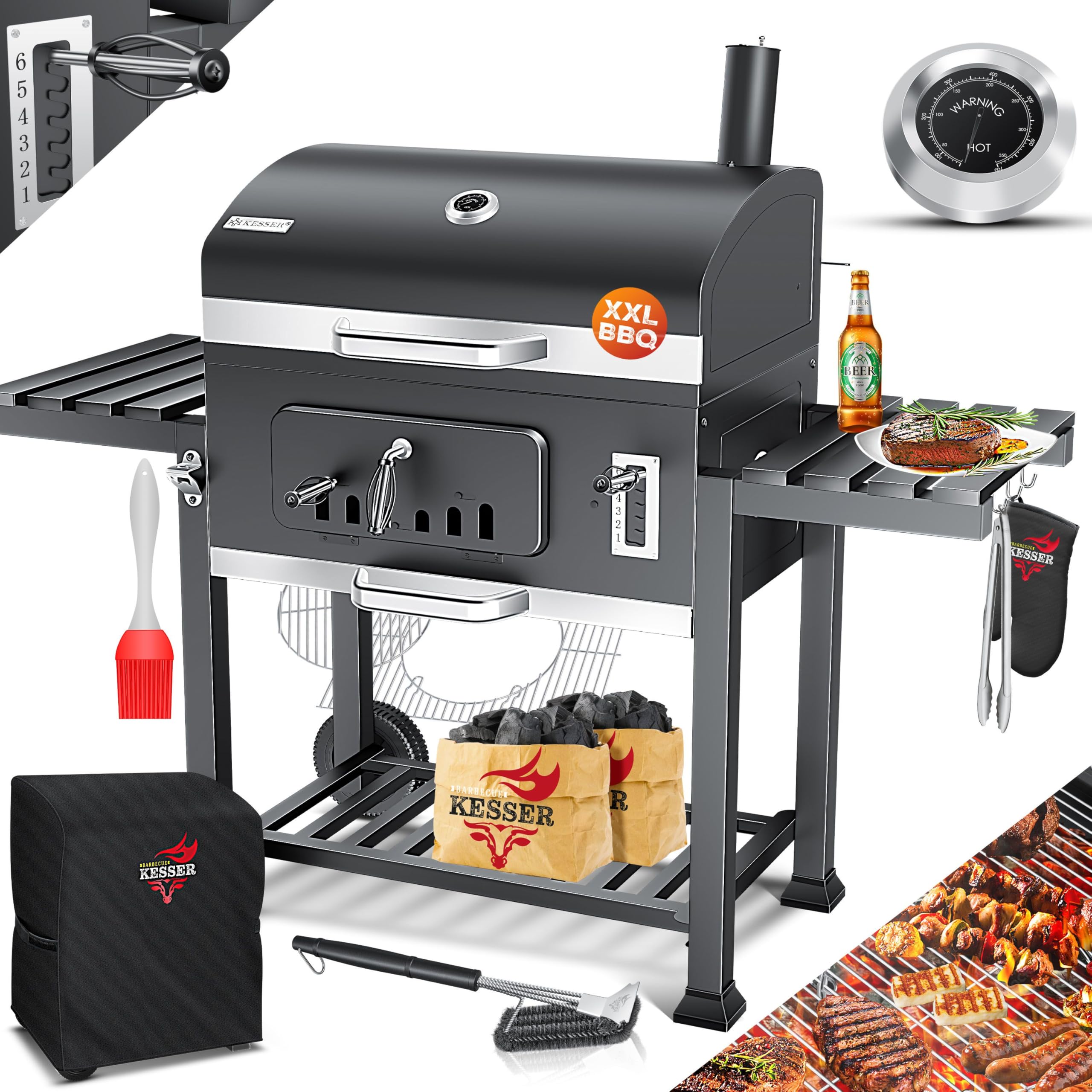 KESSER Holzkohlegrill XL Grillwagen, 2338 cm², Thermometer, Warmhalterost, Grau