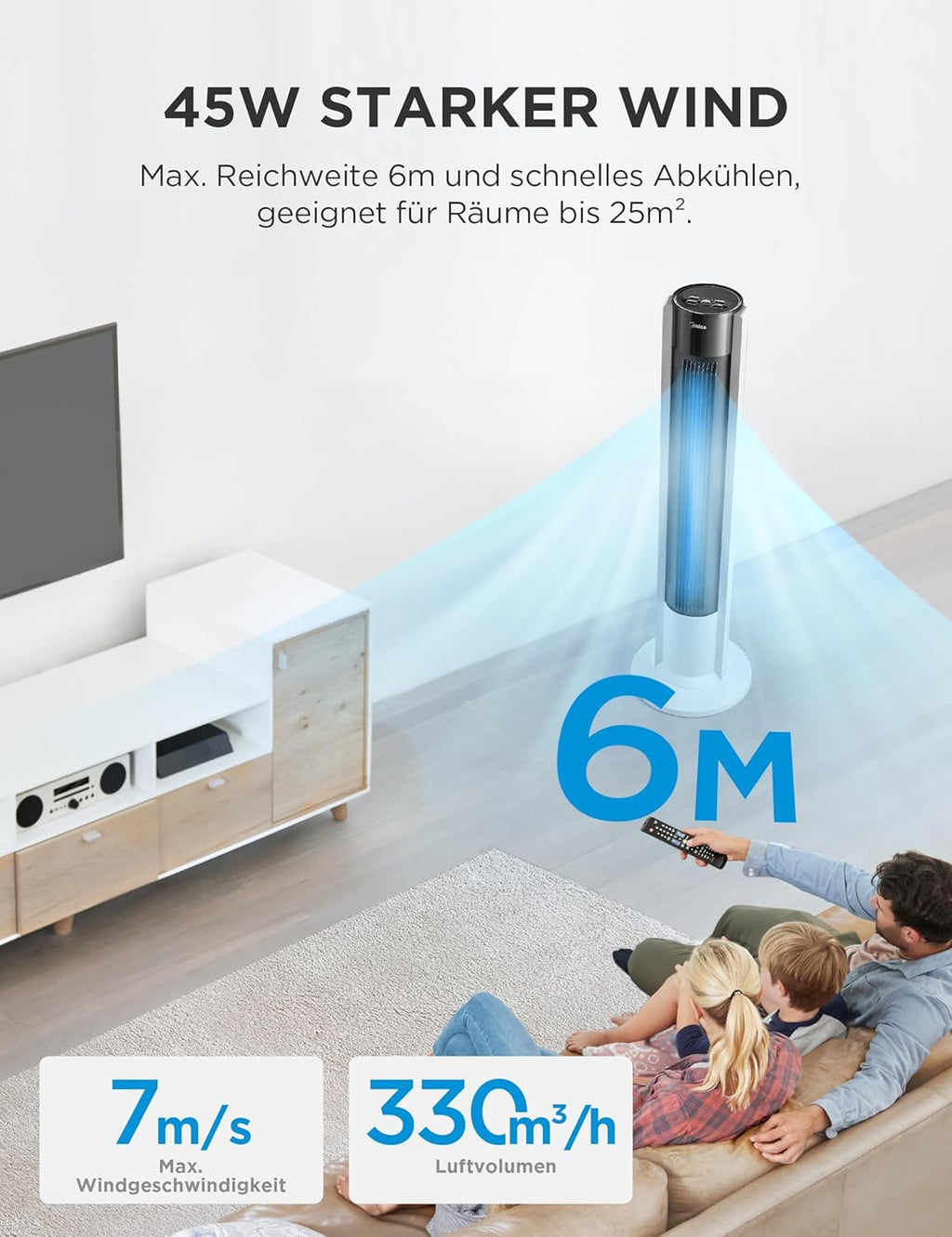 Midea FZ10-19BRA Turmventilator 110cm – 3 Modi, 90° Oszillation, 45dB, 7h Timer, Fernbedienung, Weiß