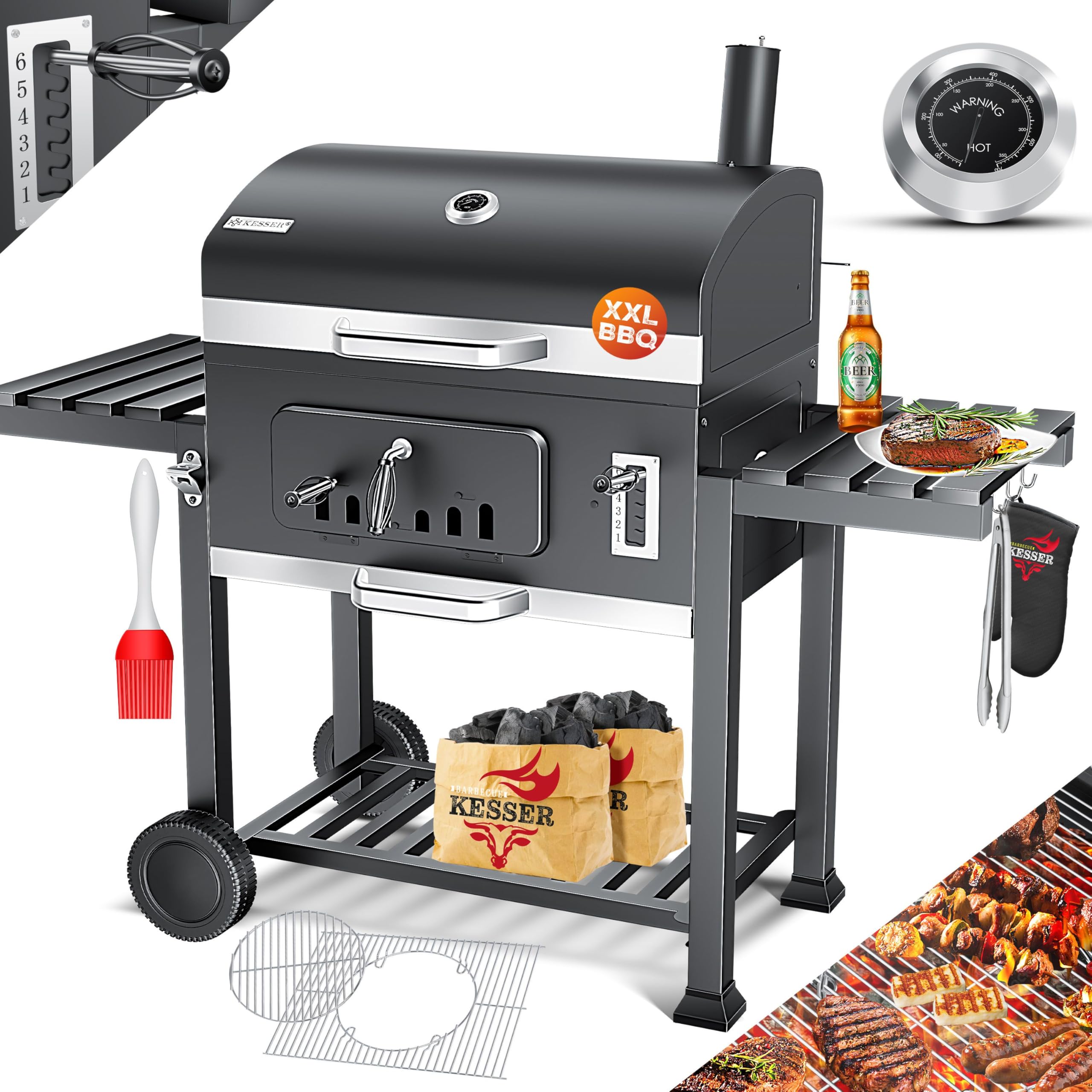 KESSER Holzkohlegrill XL Grillwagen, 2338 cm², Thermometer, Warmhalterost, Grau