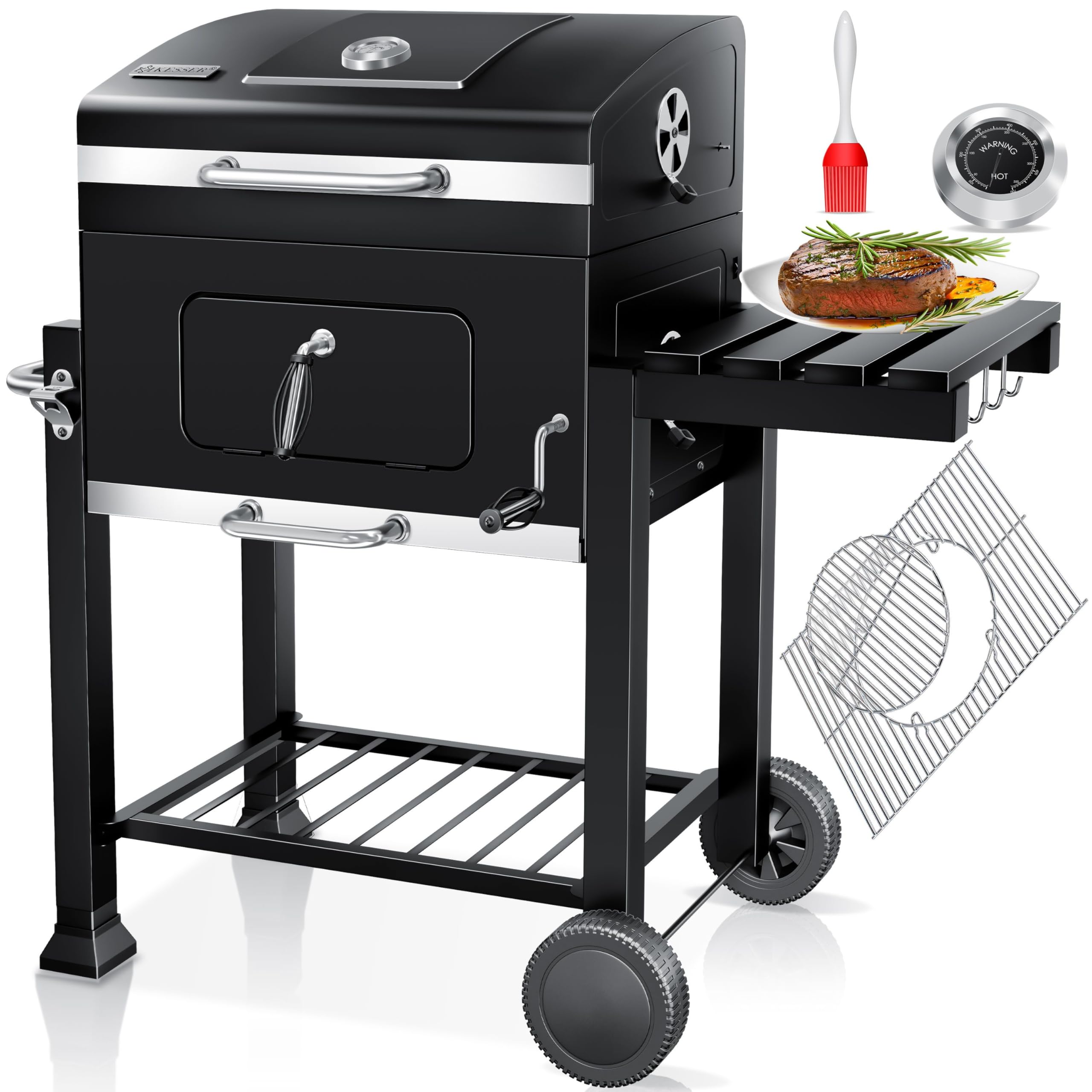 KESSER Holzkohlegrill XL Grillwagen, 2338 cm², Thermometer, Warmhalterost, Grau