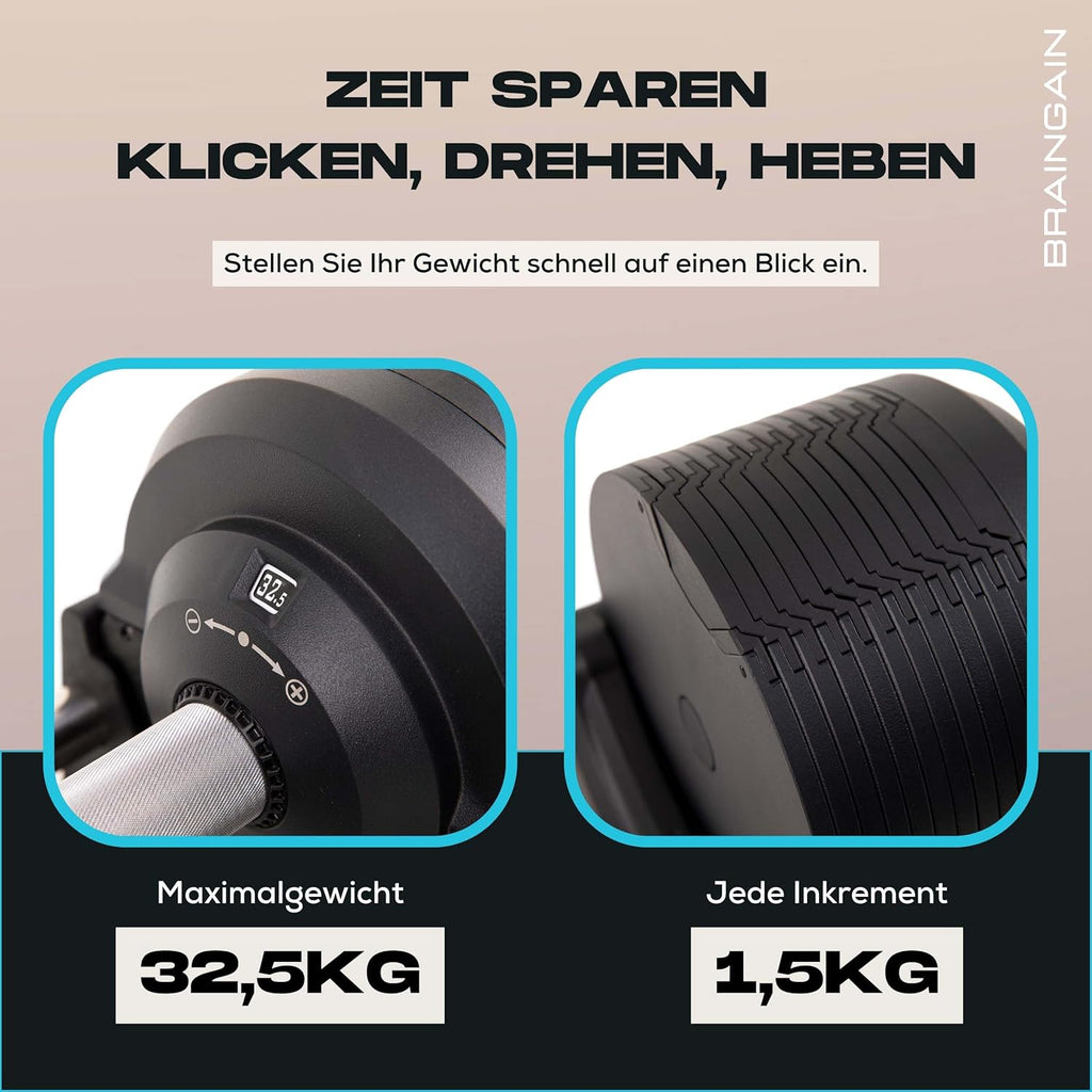 BRAINGAIN Verstellbare Hanteln: Chrom/Schwarz, Krafttraining für Zuhause u