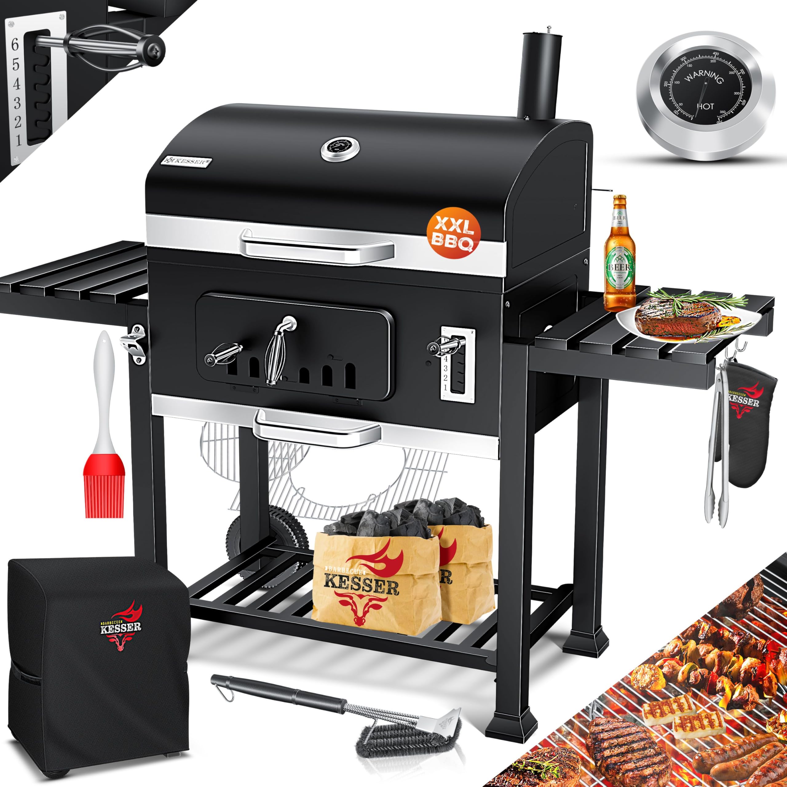 KESSER Holzkohlegrill XL Grillwagen, 2338 cm², Thermometer, Warmhalterost, Grau