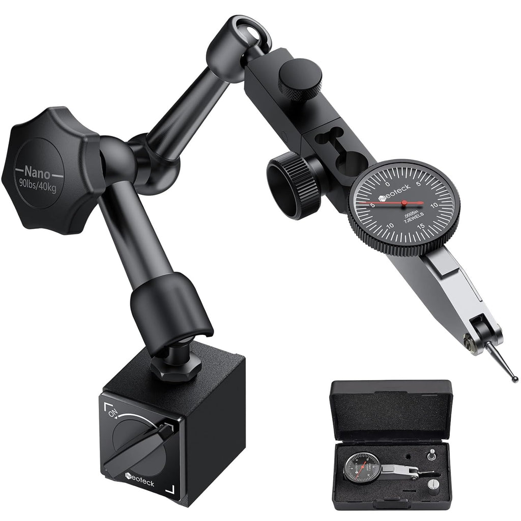 Neoteck Dial Test Indicator with Magnetic Base Stand and Storage Case, 0-0.03"/0.0005" Test Indicator Set with 2 Steel Dovetail Clamps 3/8'' and 5/32'' for Machine Set-Up-Black
