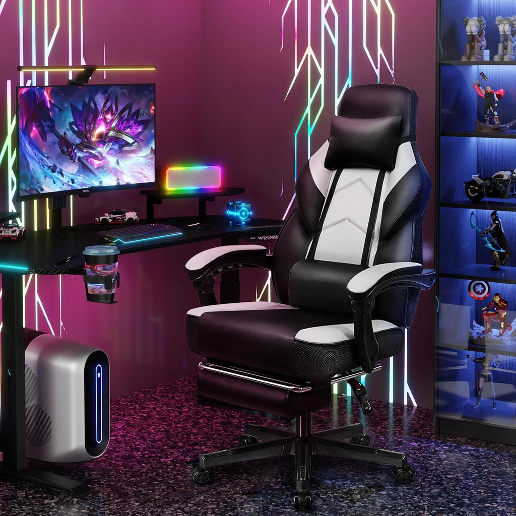 Meilocar Big and Tall Gaming Chair for Adults, 330lbs Heavy Duty Computer Chair with Footrest, Video Game Chair, Massage Lumbar Support, Wide Seat High Back Reclining Desk Chair, White