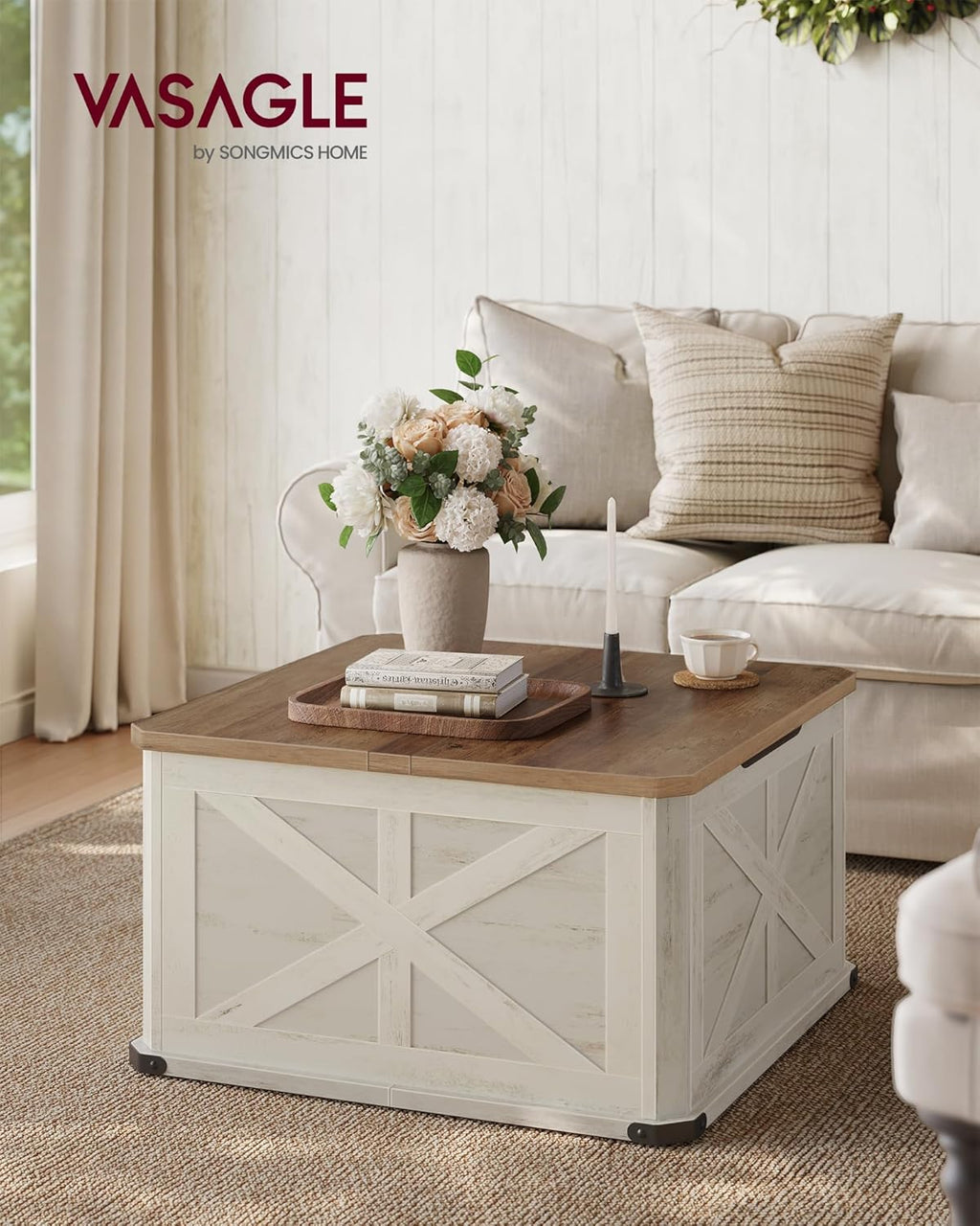 VASAGLE LIRY Collection - Farmhouse Coffee Table with Storage, Square Center Coffee Table for Living Room, with Hidden Compartment, Flip-Top Lids, Honey Brown and Rustic White ULCT232W73
