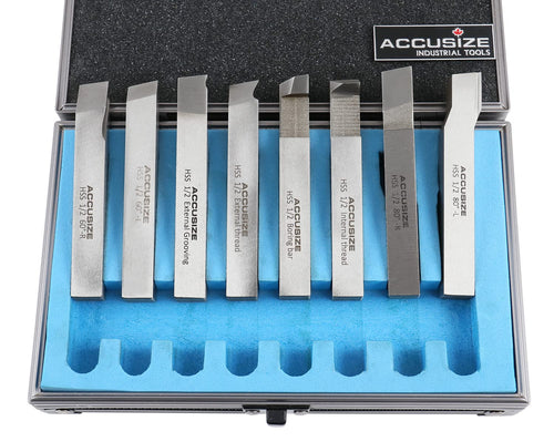 Accusize Industrial Tools 1/2'' 8 Pcs Hss Tool Bit Set, Pre-Ground for Turning and Facing Work, 2662-2004