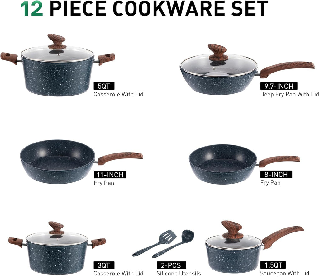 MAISON ARTS Pots and Pans Set Non Stick, Kitchen Cookware Sets Nonstick, 12 Piece Granite Cooking Pot and Pan for Induction, Stovetop, Blue