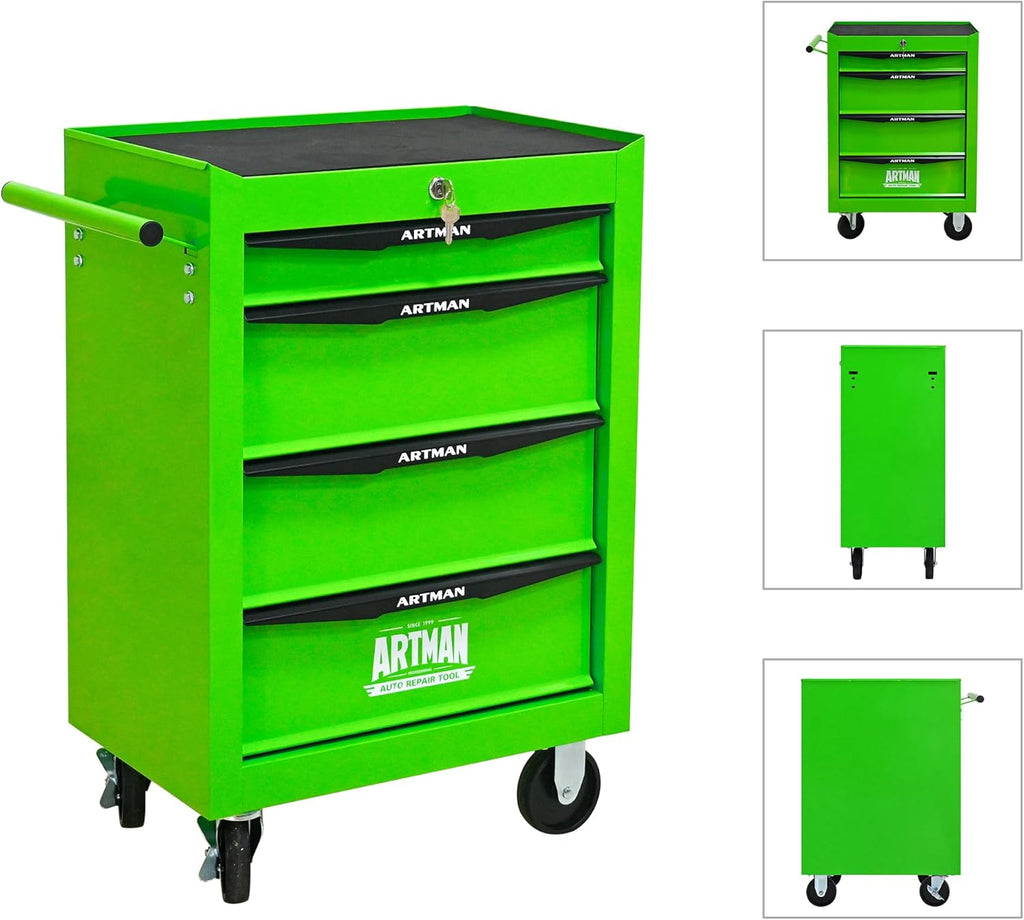 Iron-Top Rolling Tool Chest with Lockable Wheels and Side Handles, 7-Drawer Tool Storage Cabinet with Ball Bearing for Garage, Repair Shop, Required Assembly, Large Storage Capacity (Iron, 4-Green)
