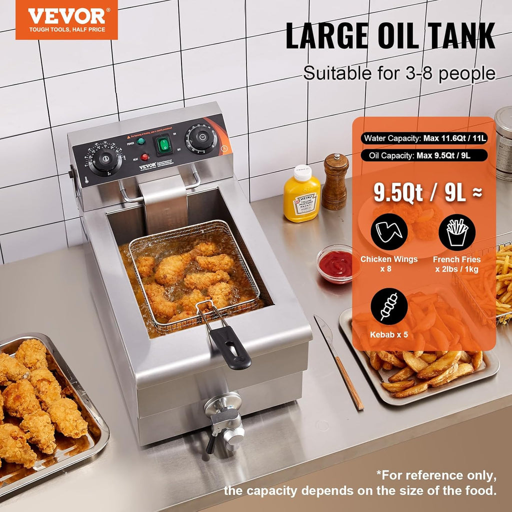 VEVOR Commercial Deep Fryer, 1500W Electric Countertop Fryer with Basket, 11.6Qt / 11L Stainless Steel Single Oil Fryer with Time & Temp Control, Overheat Protection, for Kitchen Restaurant Use