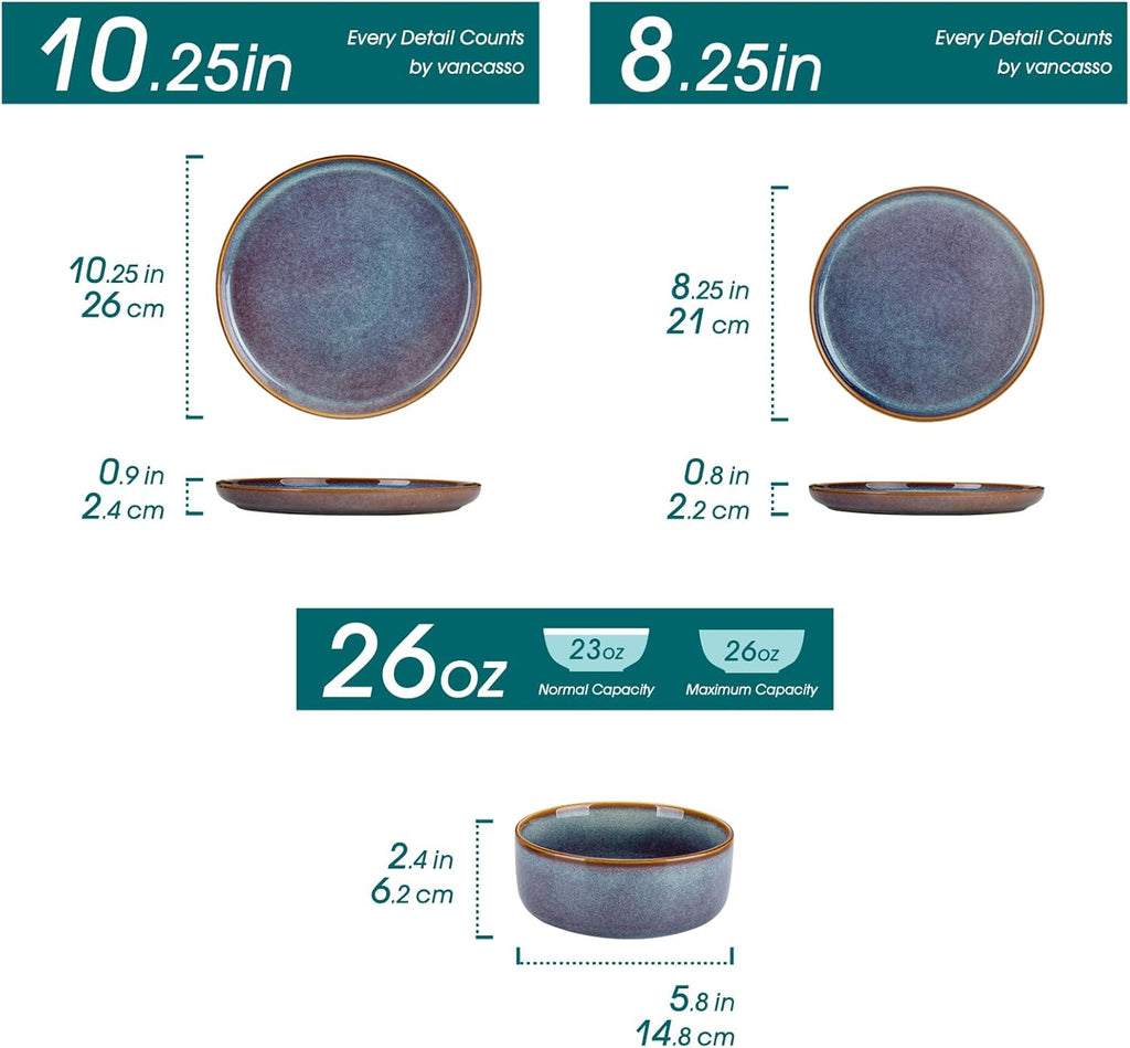 vancasso PLAYA Plates and Bowls Sets, 18 Pieces Grey-Blue Dinnerware Sets for Kitchen, Reactive Glaze Dishes Set for 6, Dishwasher and Microwave Safe
