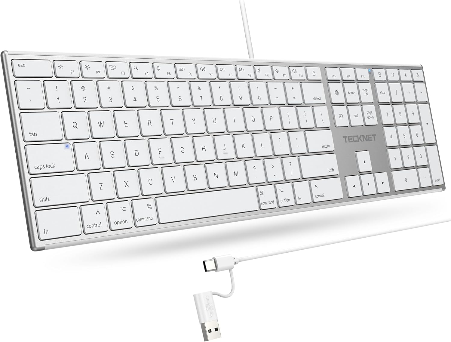 TECKNET Wired Keyboard for Mac, Ultra-Slim Silent Keyboard with USB & Type-C Dual Interface, Full Size with Numeric Keypad, Compatible with Apple MacBook Pro/Air iMac Pro/mini