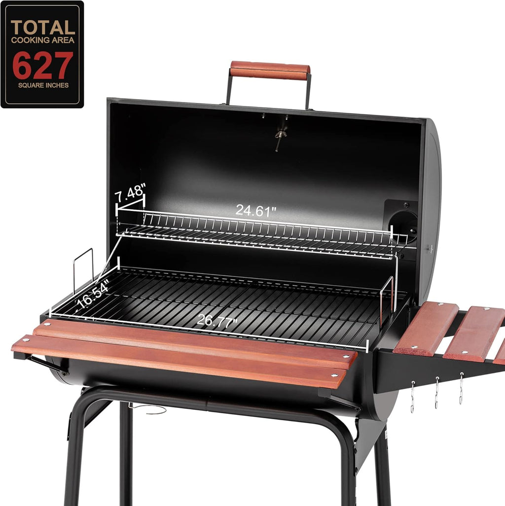 Royal Gourmet CC1830V 30 Barrel Charcoal Grill with Wood-Painted Side Front Table, 627 Square Inches Cooking Space, for Outdoor Backyard, Patio and Parties, Black