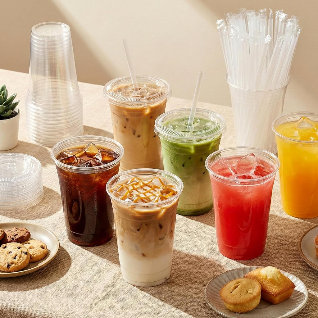 16 oz Clear Plastic Cups with Lids and Straws 100 Pack Iced Coffee Cups with Lids for Smoothie Iced Coffee Disposable Coffee and TO-GO Cups for Cold Drinks, Milkshake, Bubble Tea