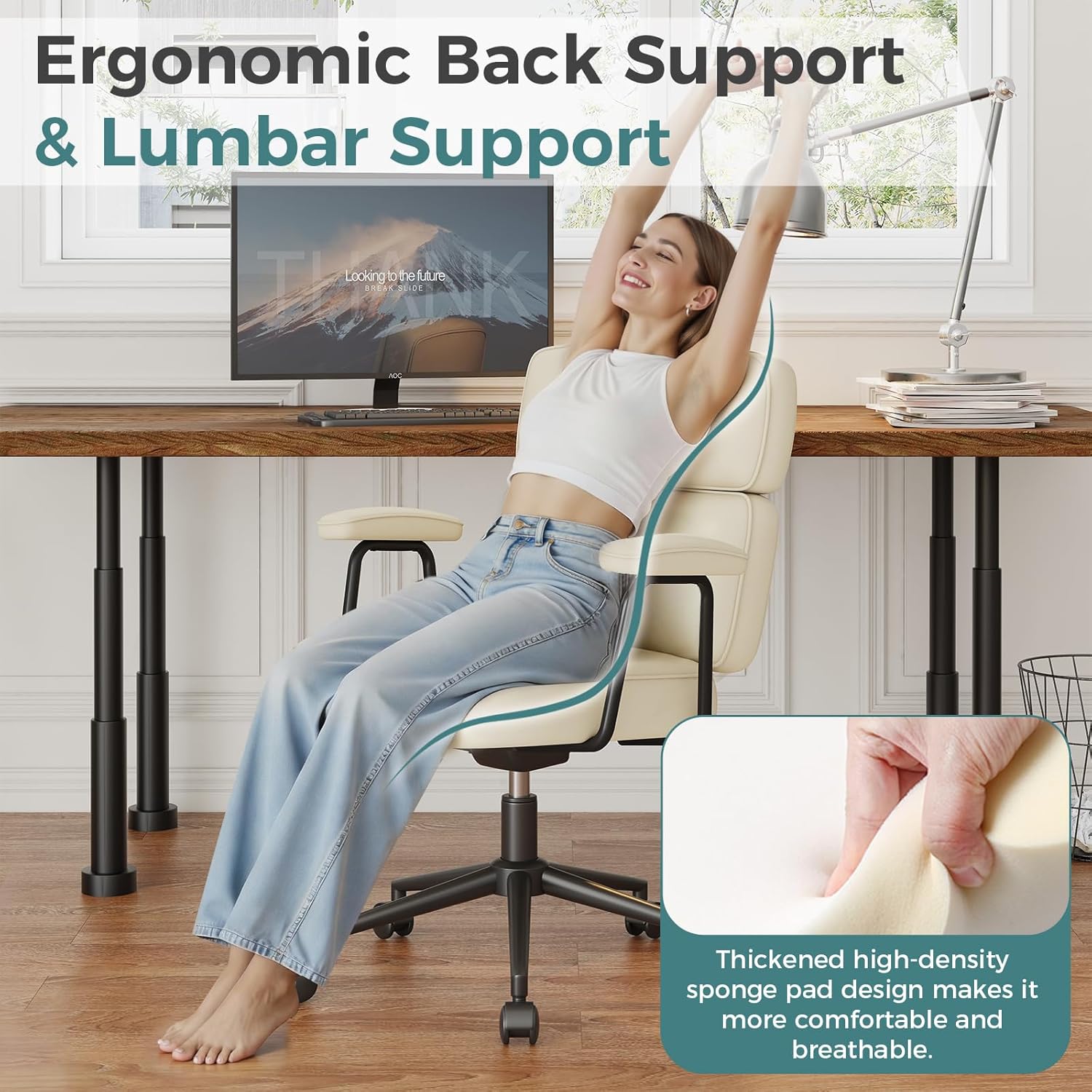 OLIXIS Ergonomic Home Office Desk Chair, PU Leather Computer Chair with Lumbar Support Adjustable Height Rolling Swivel Executive Task Armrests Chair, Off-White