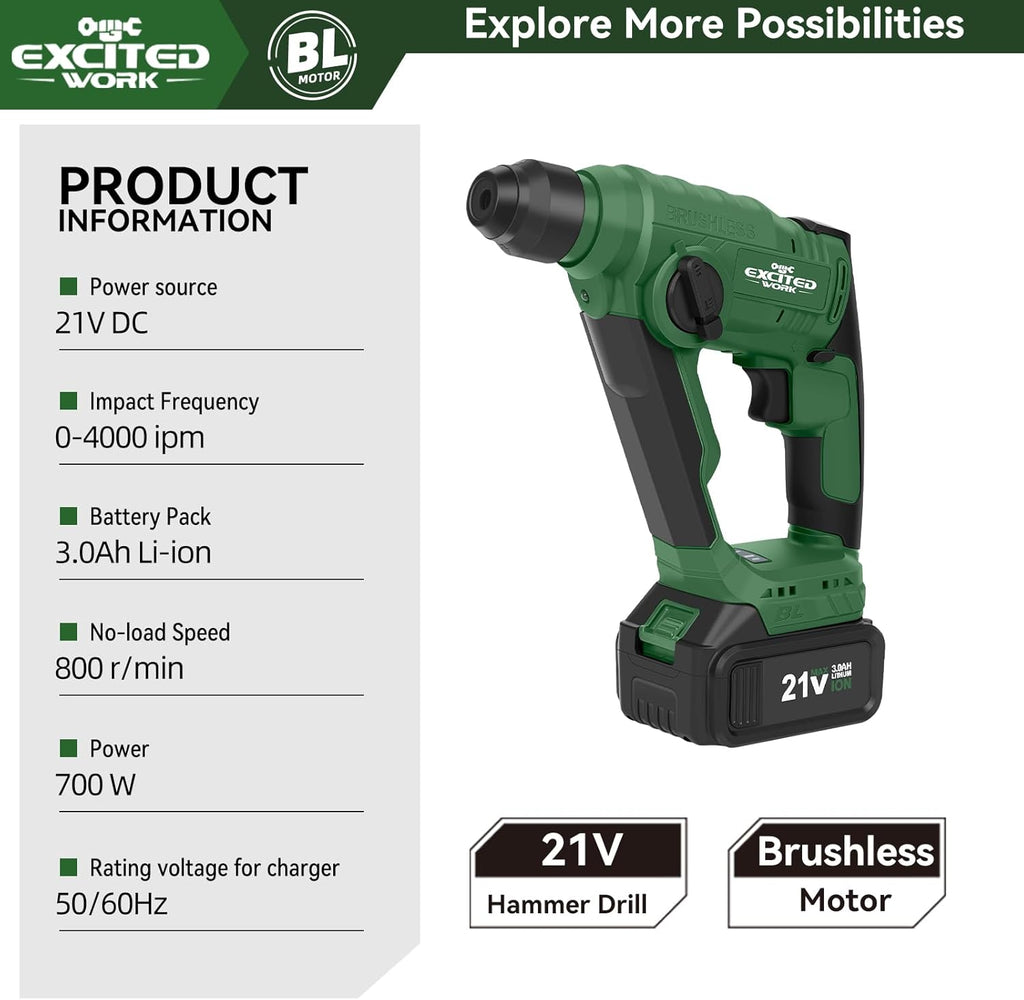 21V Max Cordless 2.0J Rotary Hammer Drill Kit with 3.0 Ah Battery, Brushless Motor and 2 Functions for Concrete, Fast Charger, 4000IPM, 3 Drills for Masonry, Metal and Wood