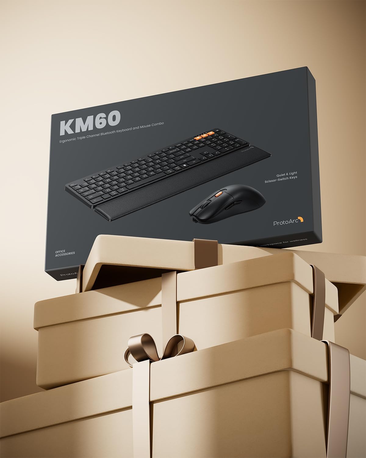 ProtoArc Wireless Bluetooth Keyboard and Mouse Combo, KM60 Multi Device Rechargeable Ergonomic Full Size Keyboard Mouse with Wrist Rest Sleek Design for Laptop, Computer, Mac, MacBook, Windows, Black